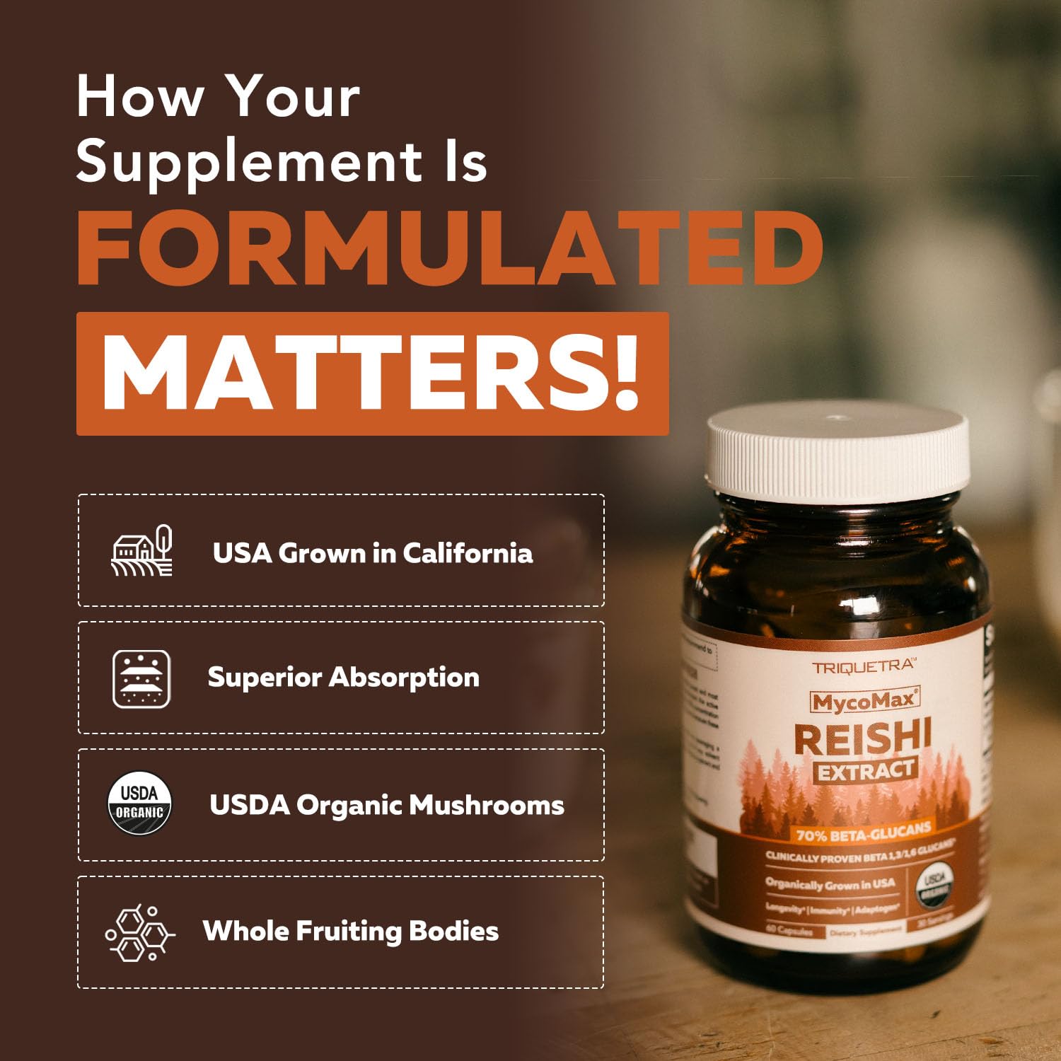 Triquetra Health Reishi Mushroom Capsules displayed with organic ingredients