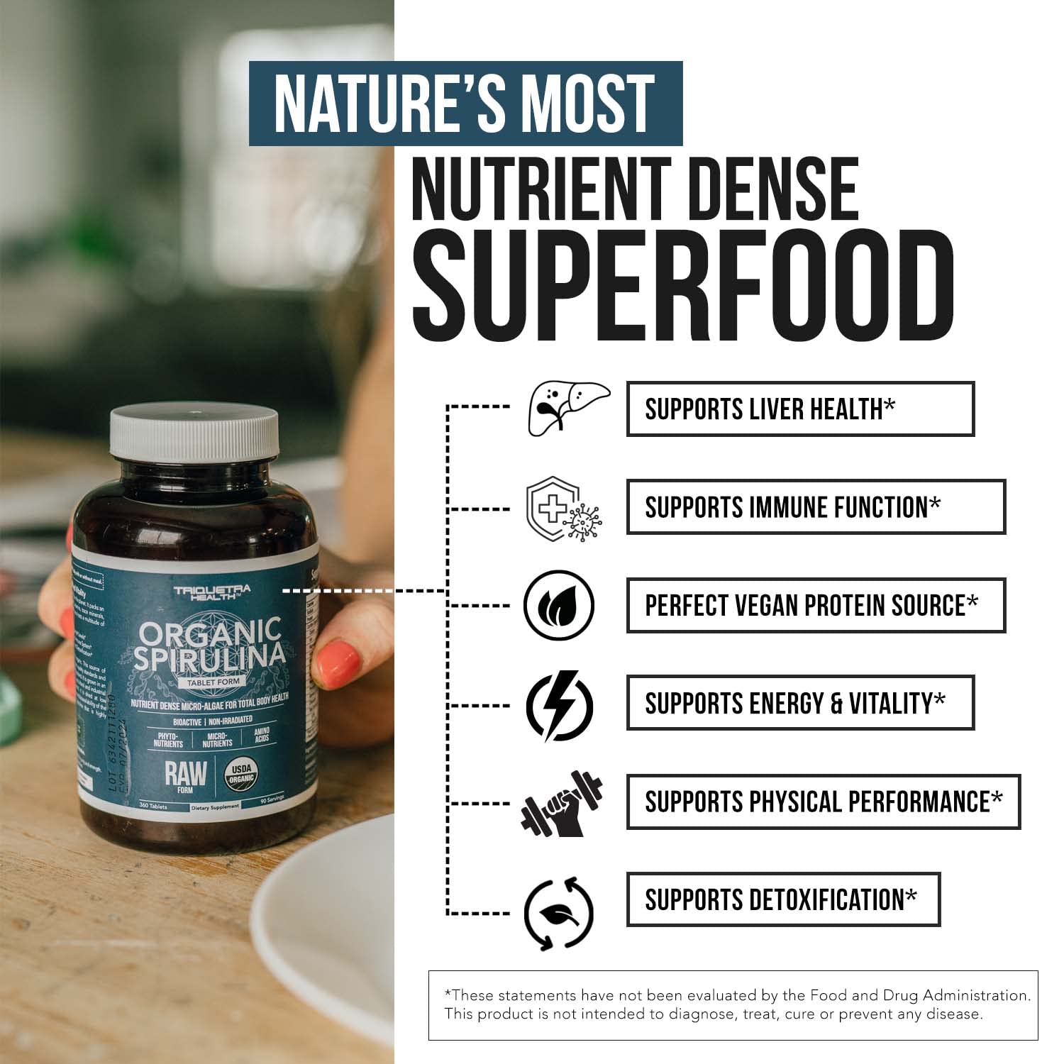 Triquetra Health Spirulina Tablets with a measuring spoon for dosage