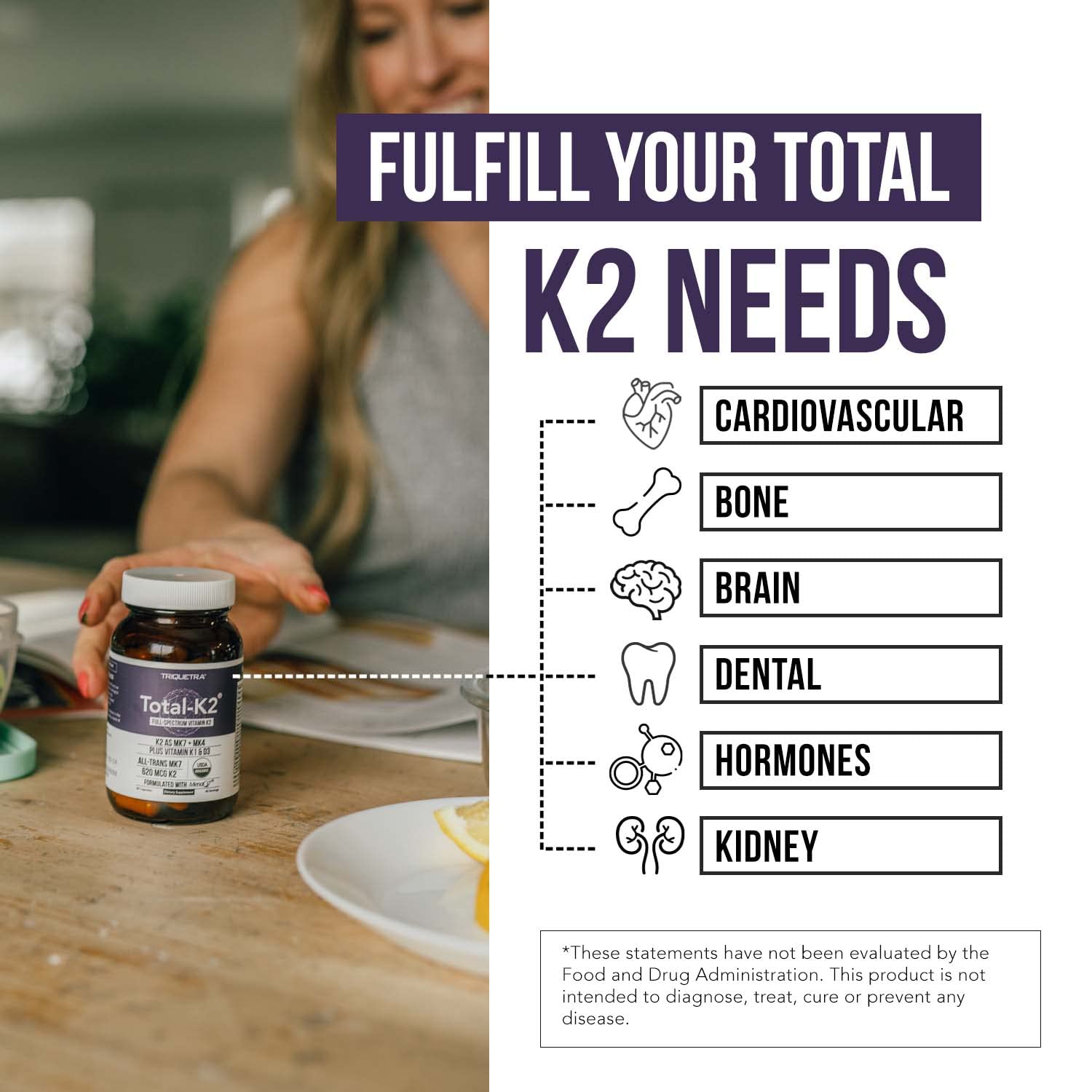 Triquetra Health Total K2 Vitamin K2 MK7 & MK4 bottle on a table