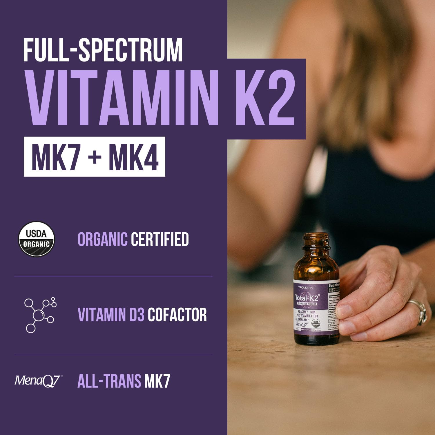 Triquetra Health Total K2 Vitamin K2 MK7 & MK4 supplement side view