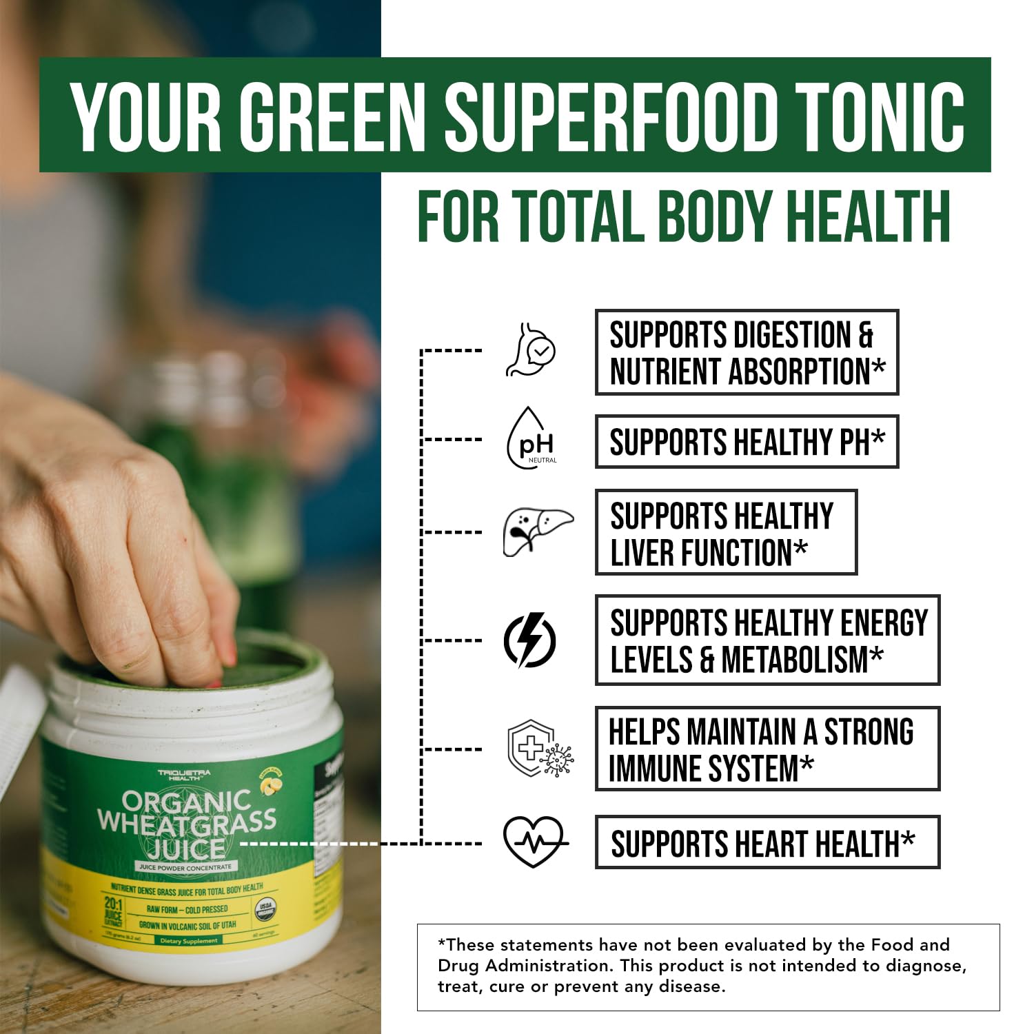 Triquetra Health Wheatgrass Juice Powder in a glass of water