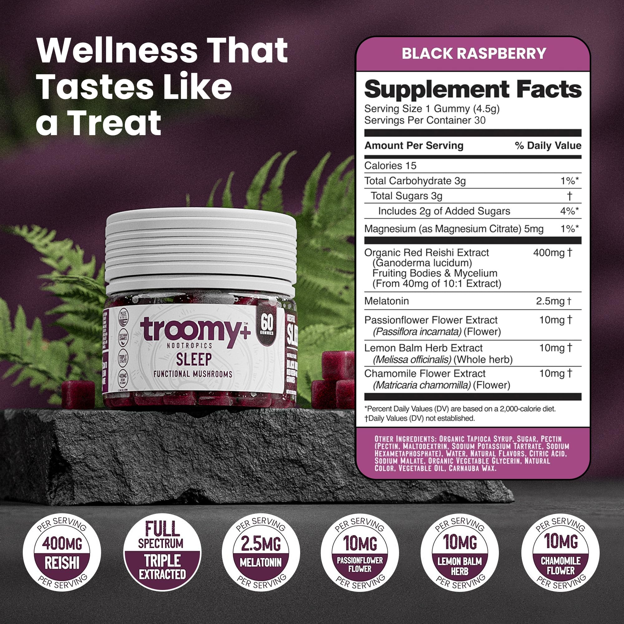Troomy Nootropics Sleep Gummies on a wooden table