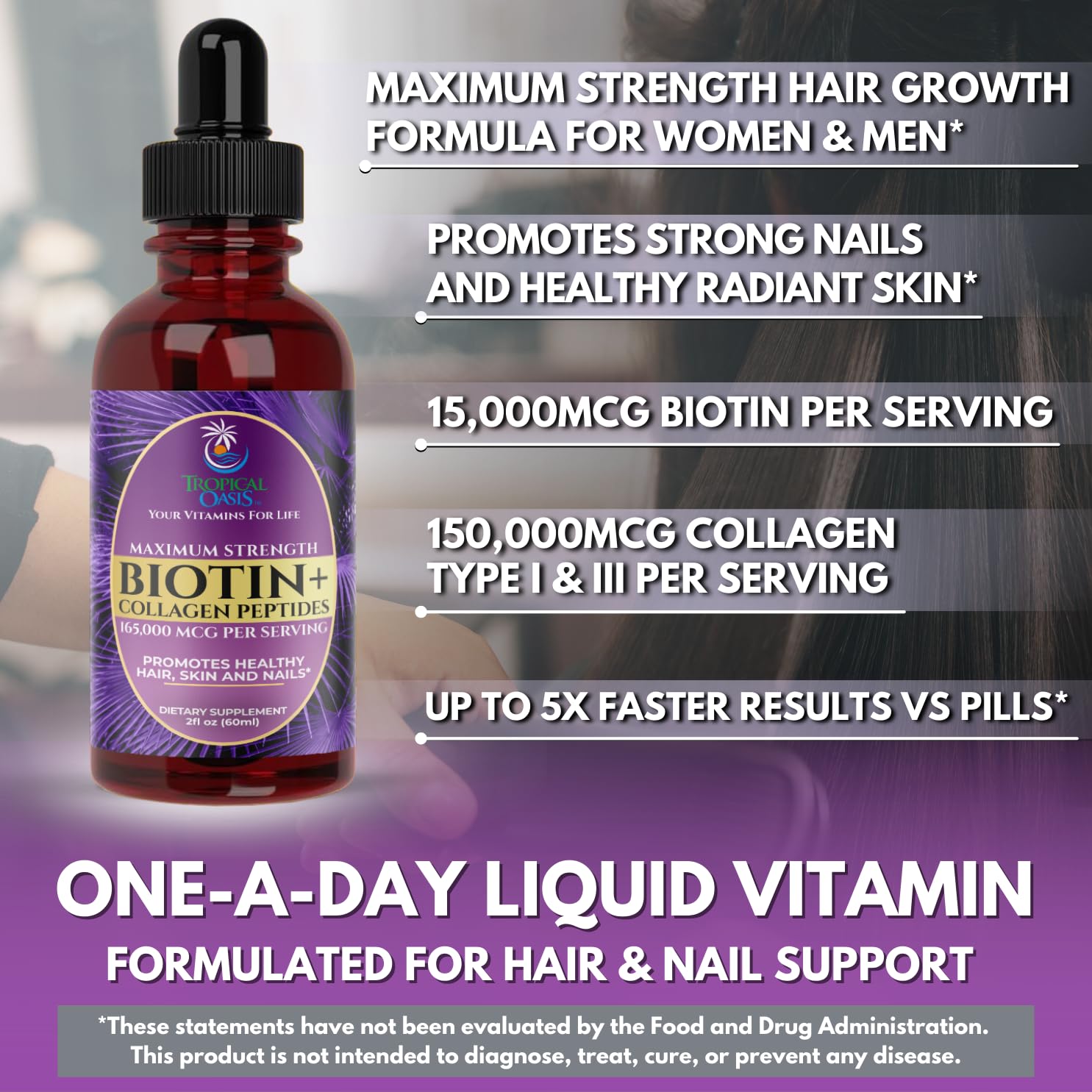 Tropical Oasis Biotin + Collagen Drops 150g label close-up
