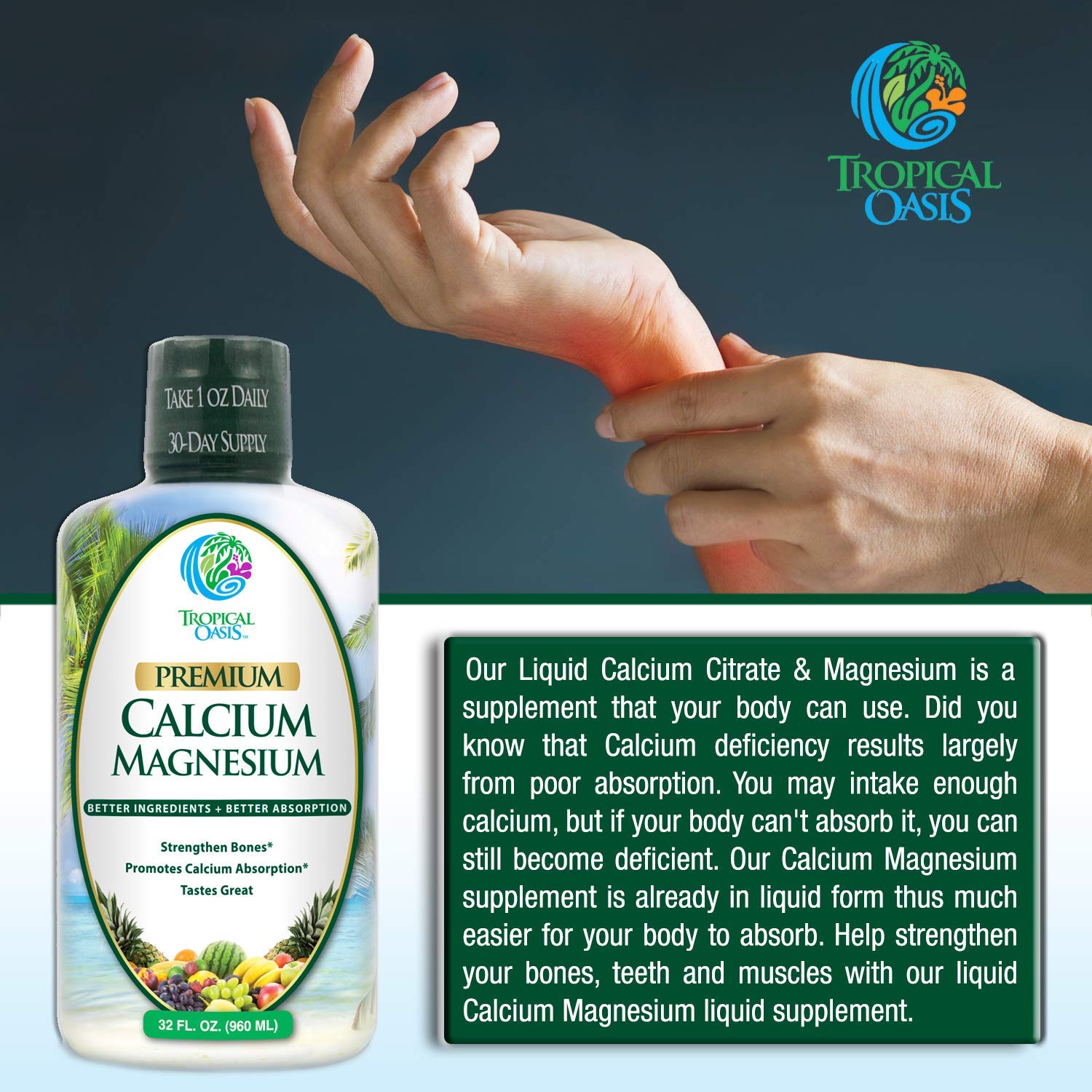Tropical Oasis Calcium Supplement 454g with dosage information