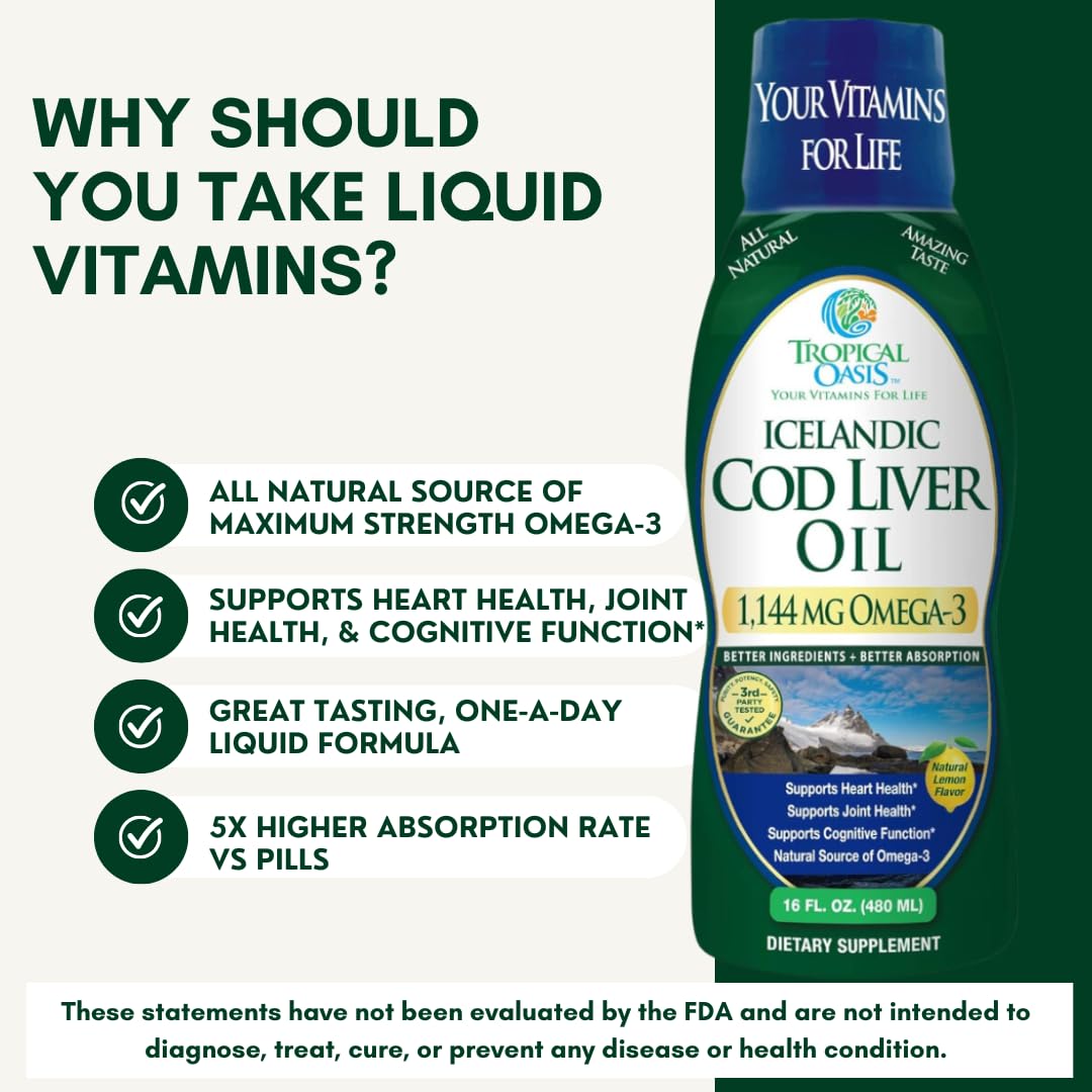 Tropical Oasis Icelandic Cod Liver Oil bottle with measuring spoon