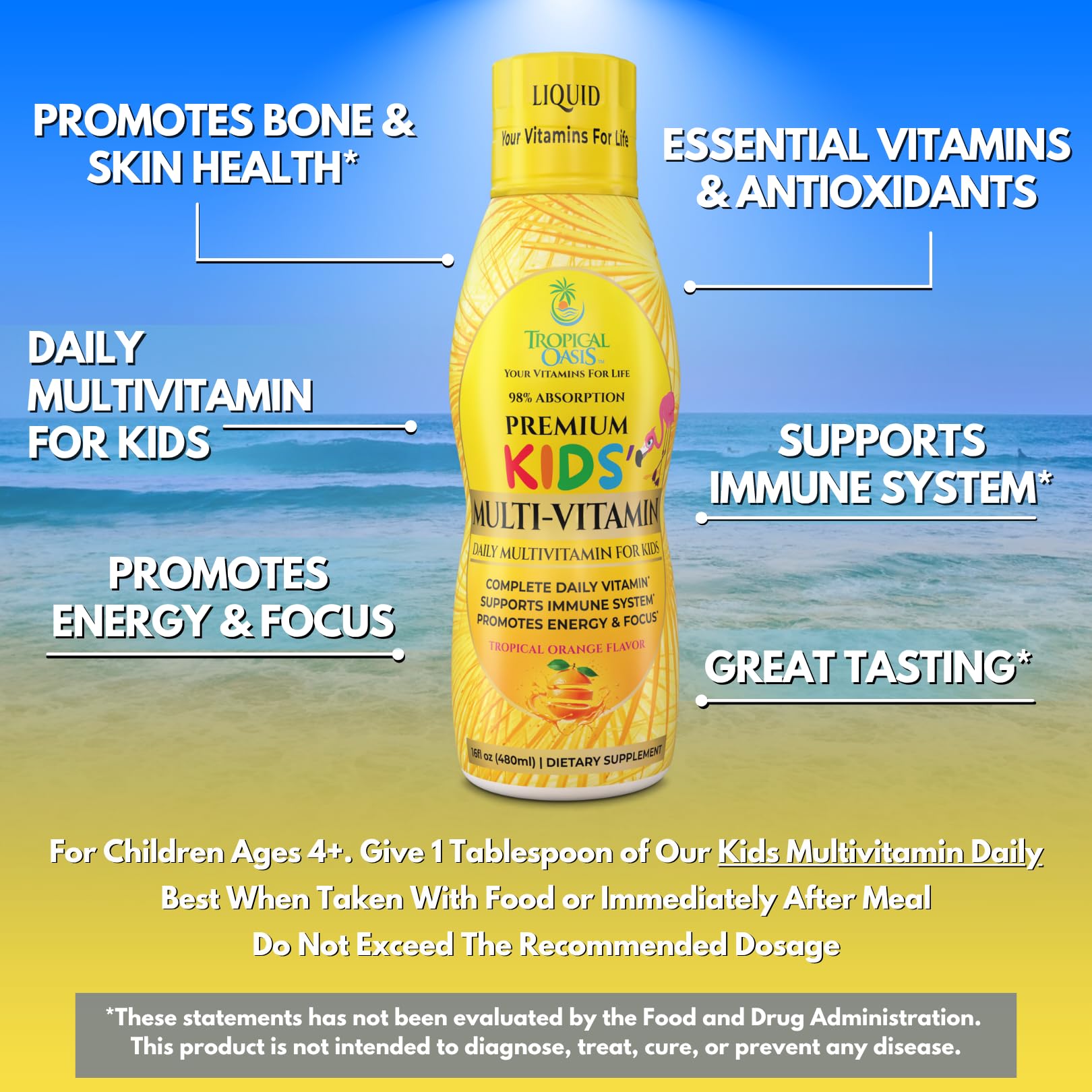 Tropical Oasis Kids Liquid Multivitamin 454g bottle with cap open