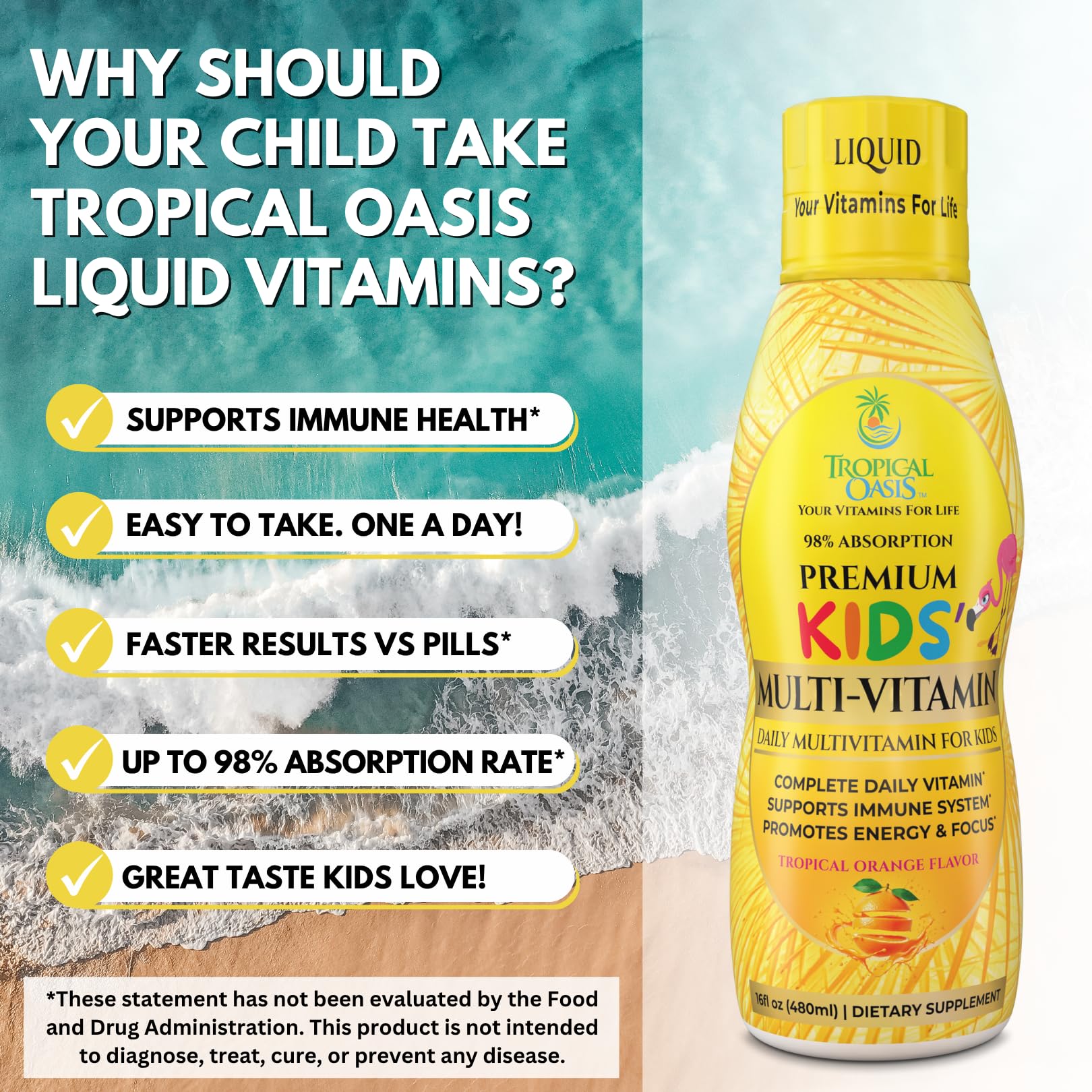 Tropical Oasis Kids Liquid Multivitamin 454g serving size on a spoon