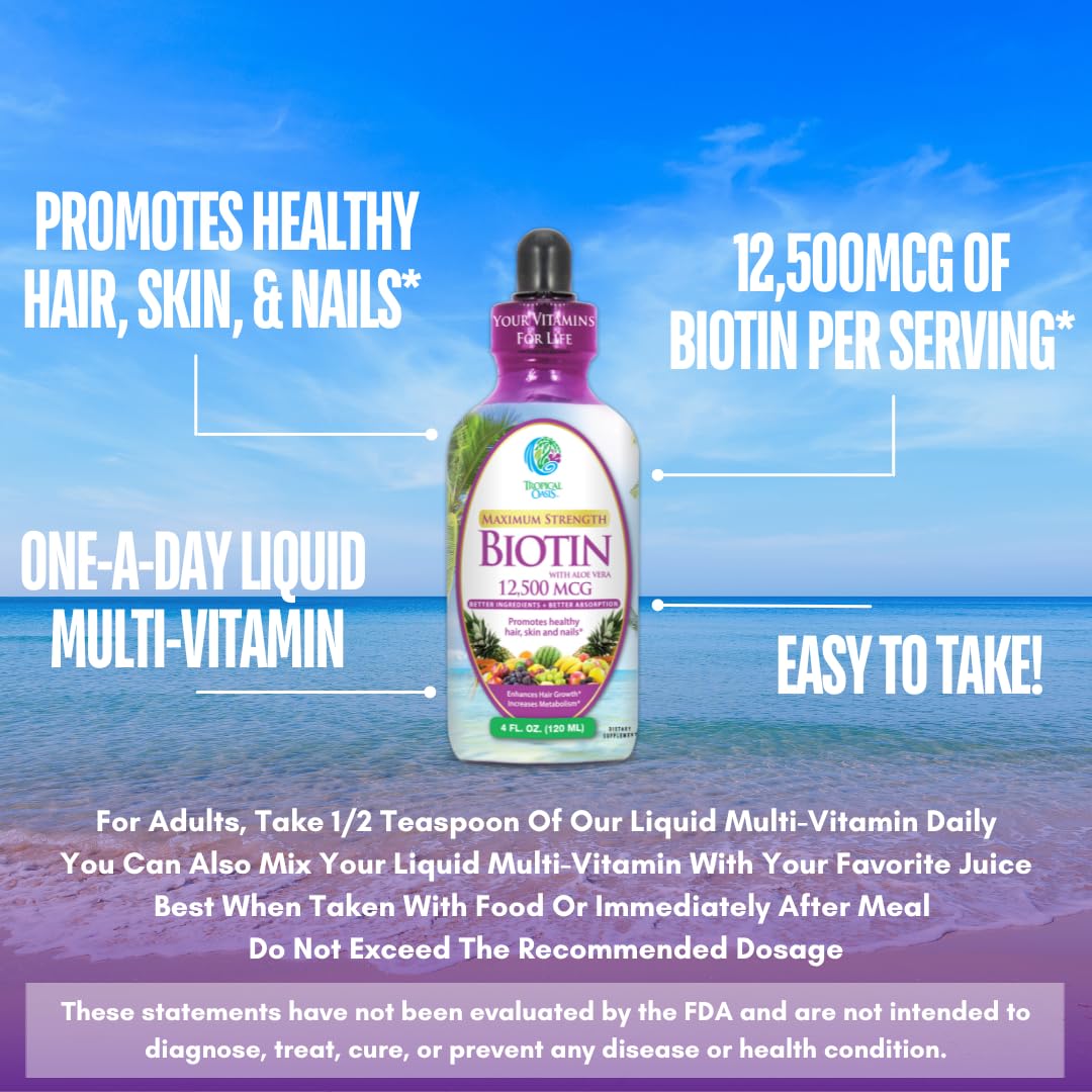 Tropical Oasis Liquid Biotin Supplement 113g bottle on a table