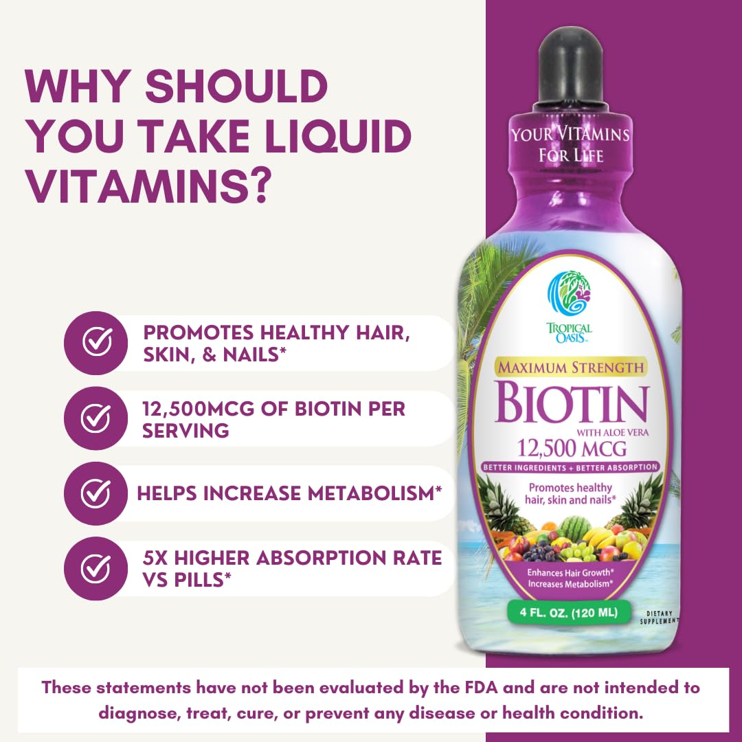 Tropical Oasis Liquid Biotin Supplement 113g pouring into a spoon