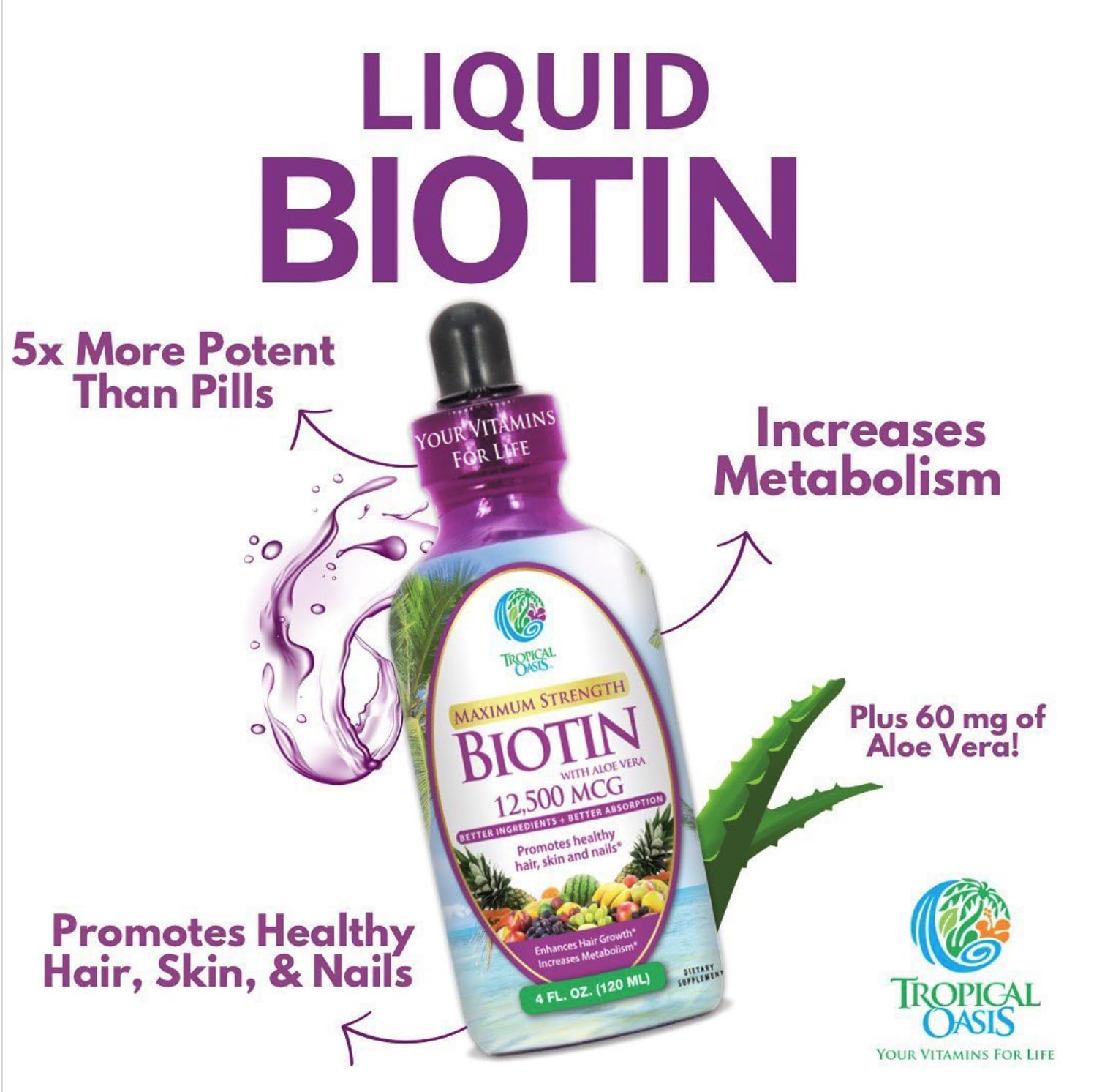 Tropical Oasis Liquid Biotin Supplement 113g with a measuring cup