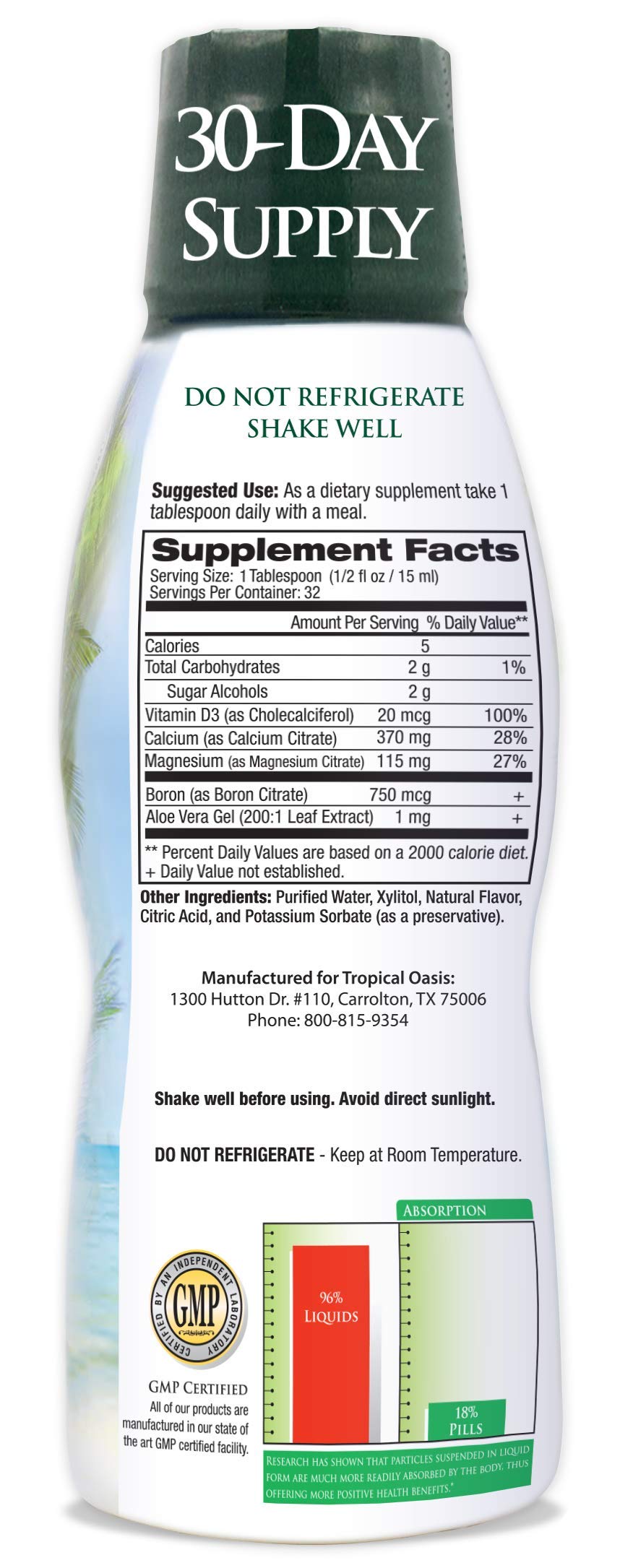 Tropical Oasis Liquid Calcium Magnesium 454g bottle side view