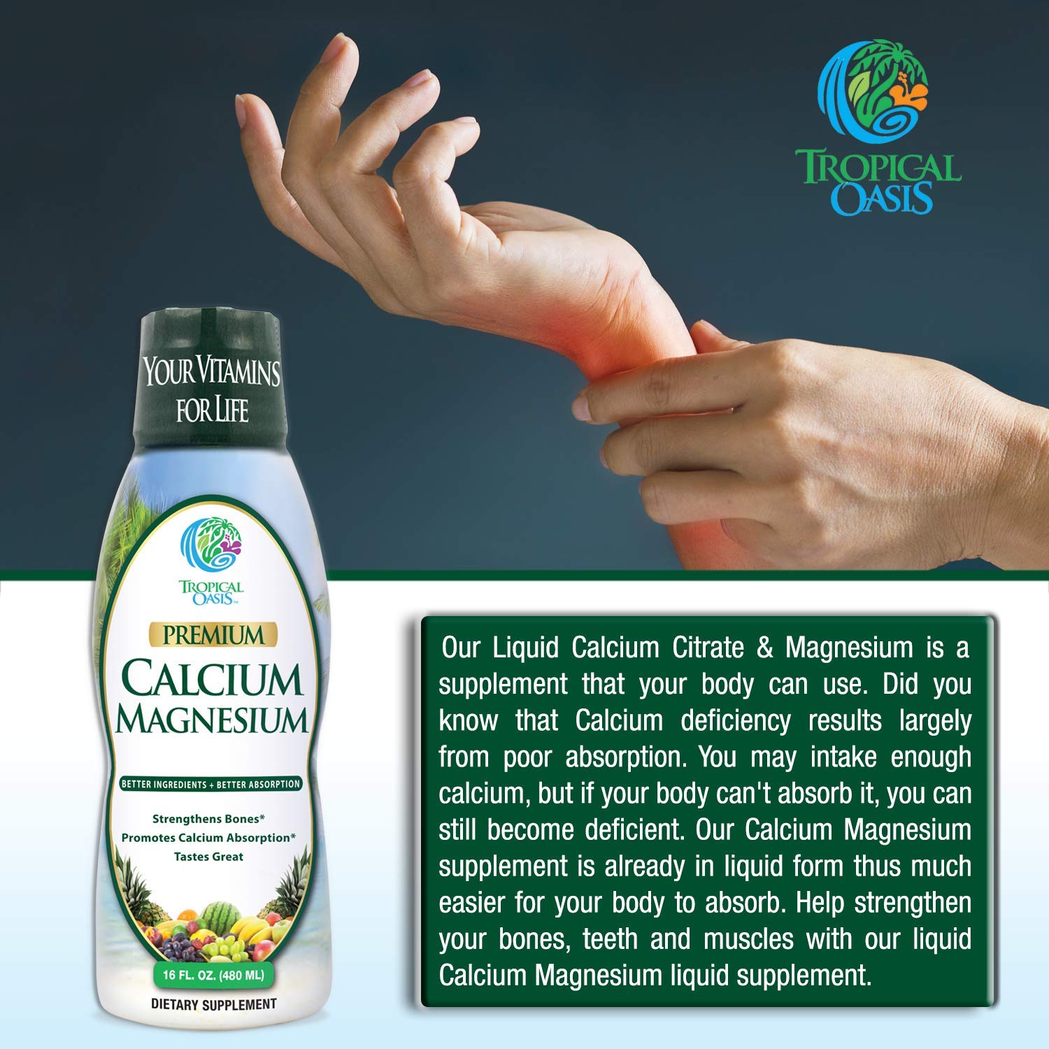 Tropical Oasis Liquid Calcium Magnesium 454g with orange flavour label