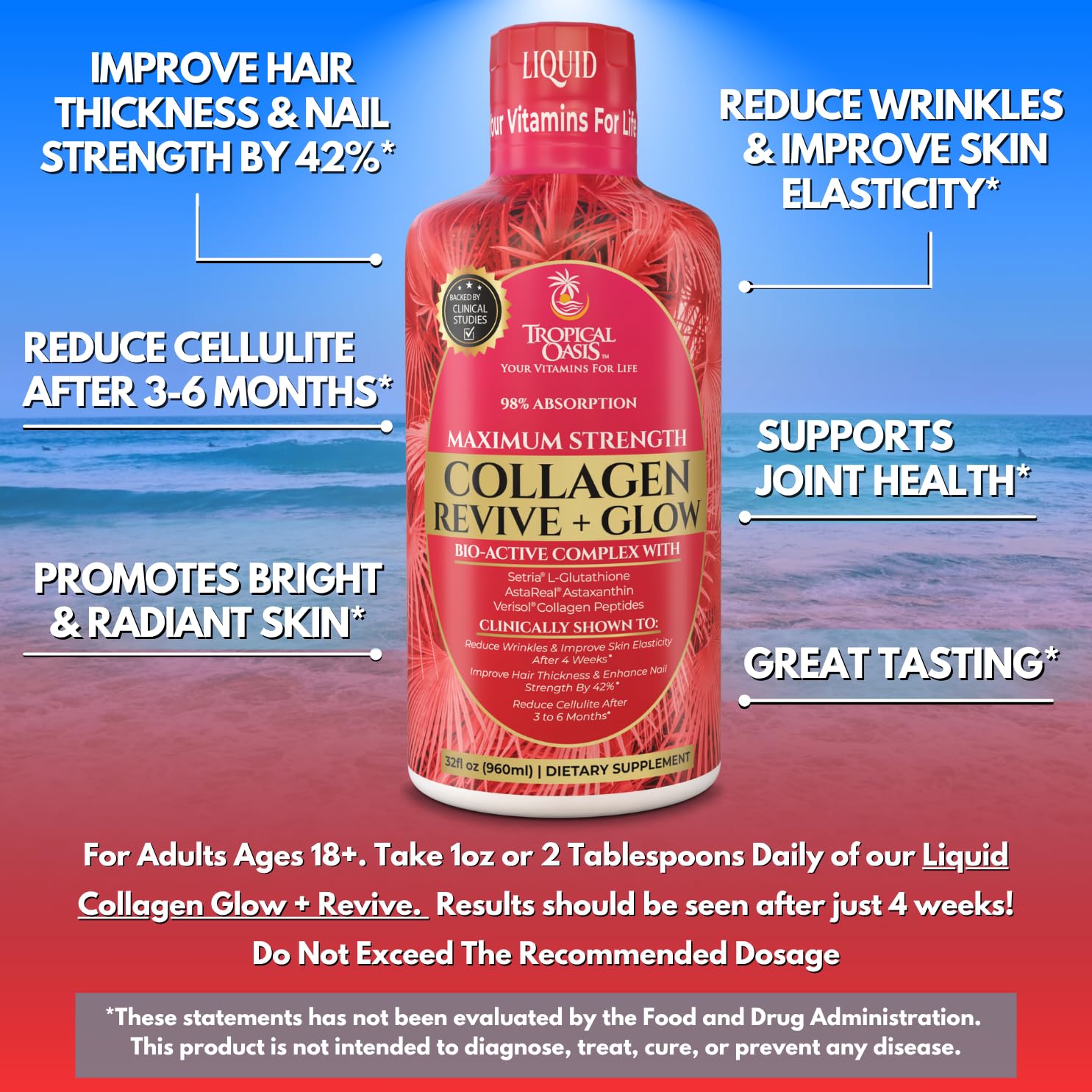 Tropical Oasis Liquid Collagen Glow packaging with ingredients