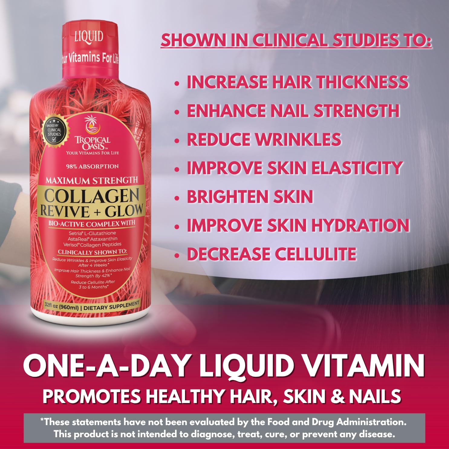 Tropical Oasis Liquid Collagen Glow with a measuring cup