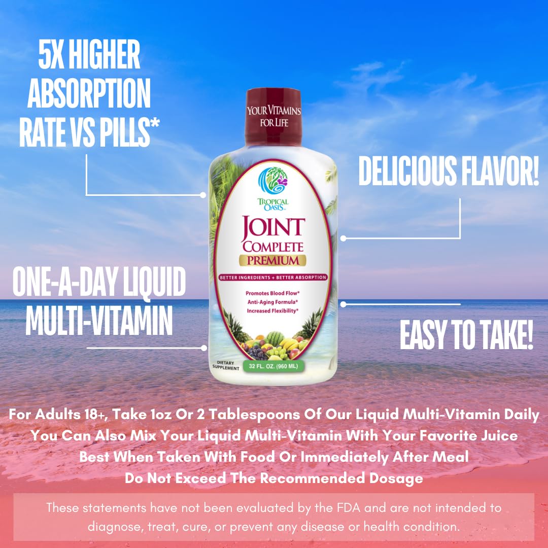 Tropical Oasis Liquid Joint Complete Formula in a glass with a measuring spoon