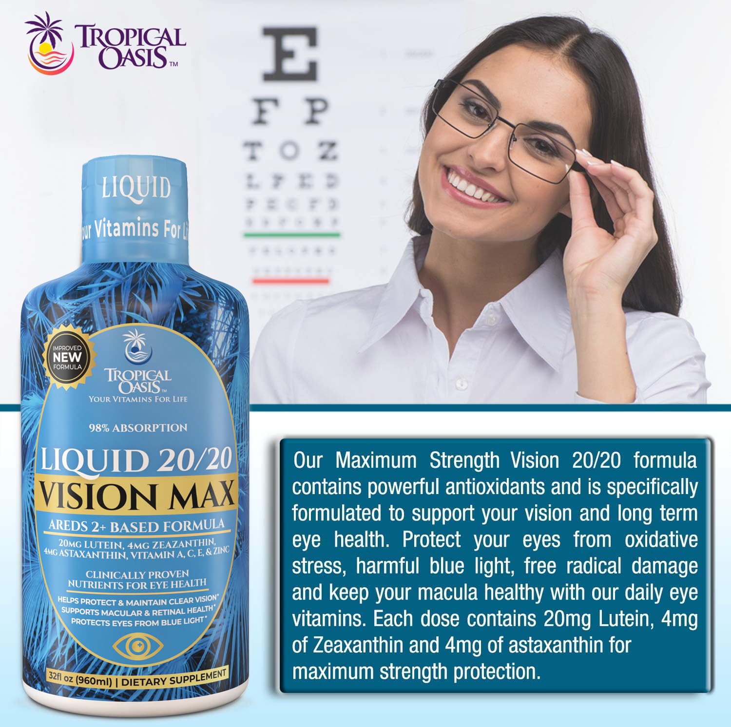 Tropical Oasis Lutein Eye Health Supplement with a measuring cup
