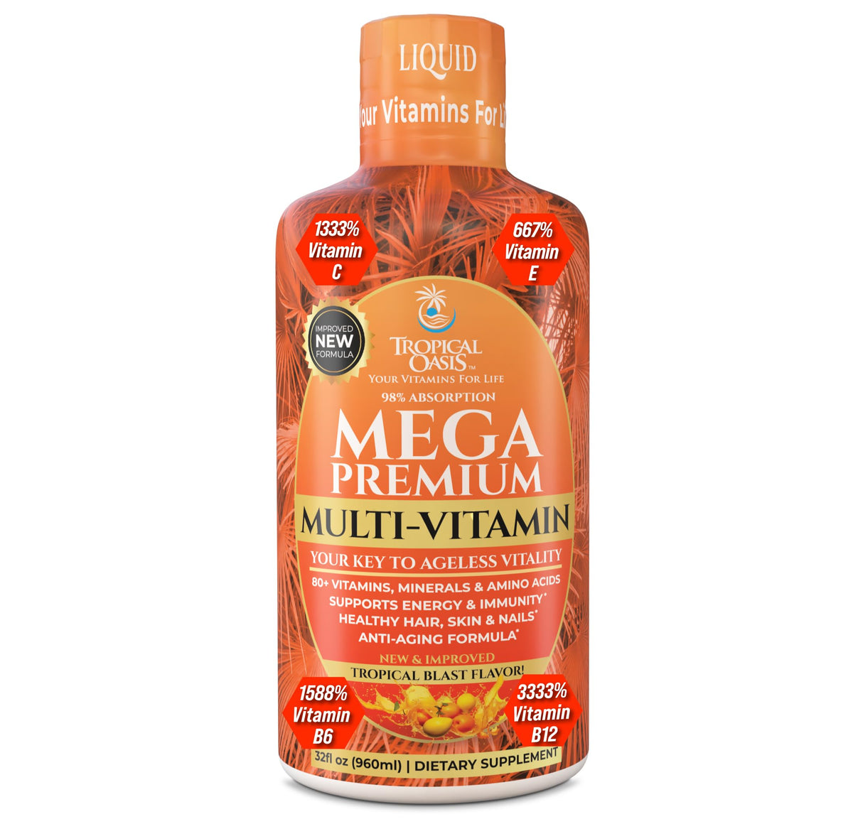 Tropical Oasis Mega Premium Multivitamin liquid bottle front view