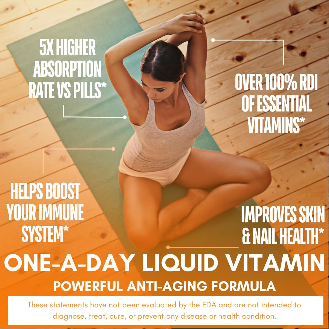 Tropical Oasis Mega Premium Multivitamin liquid pouring into a glass