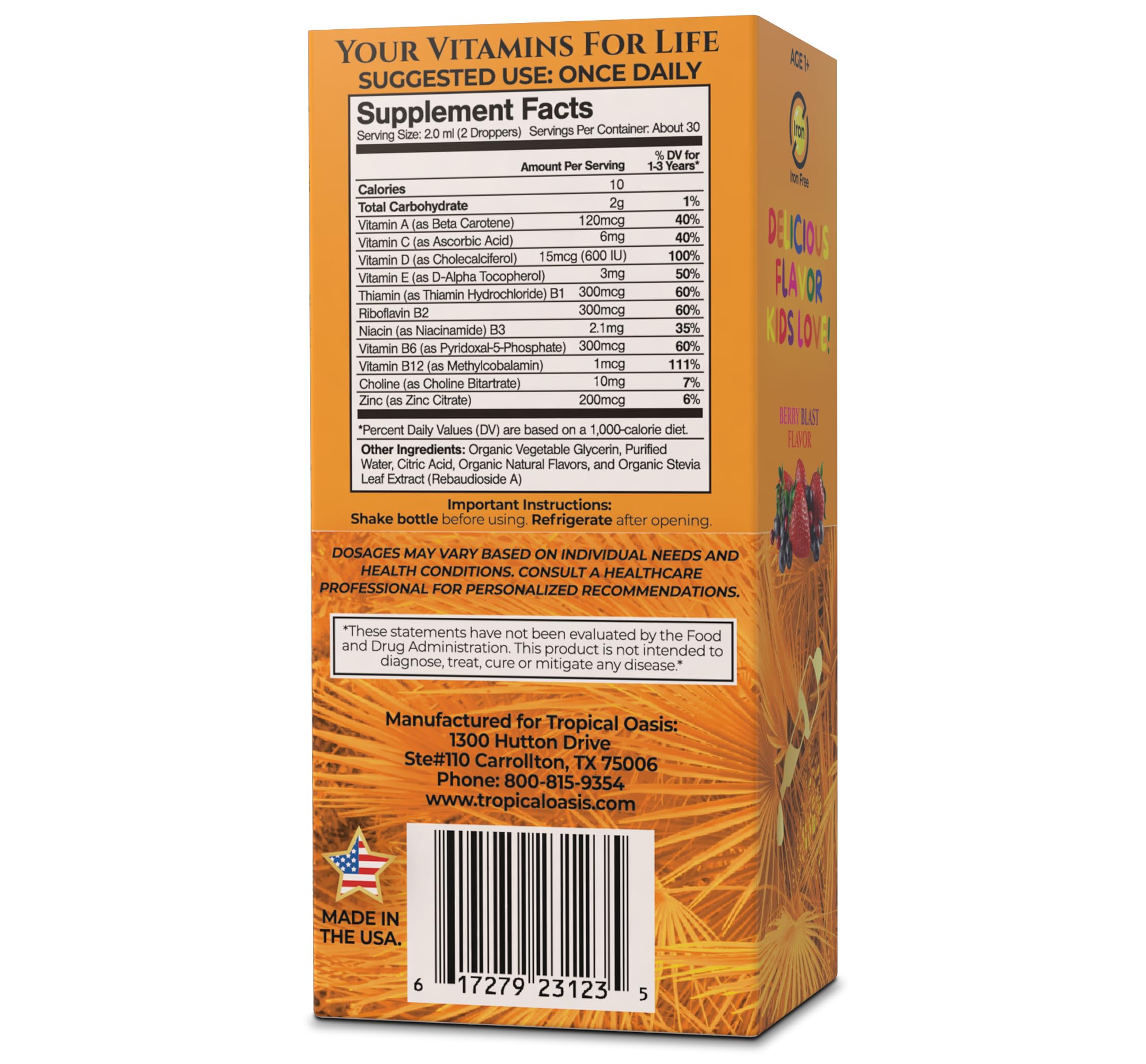 Tropical Oasis Organic Liquid Multivitamin Drops for Toddlers packaging