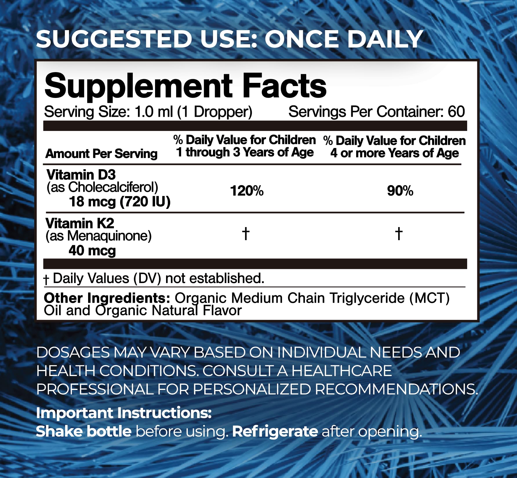 Tropical Oasis Organic Vitamin D3 K2 Drops packaging
