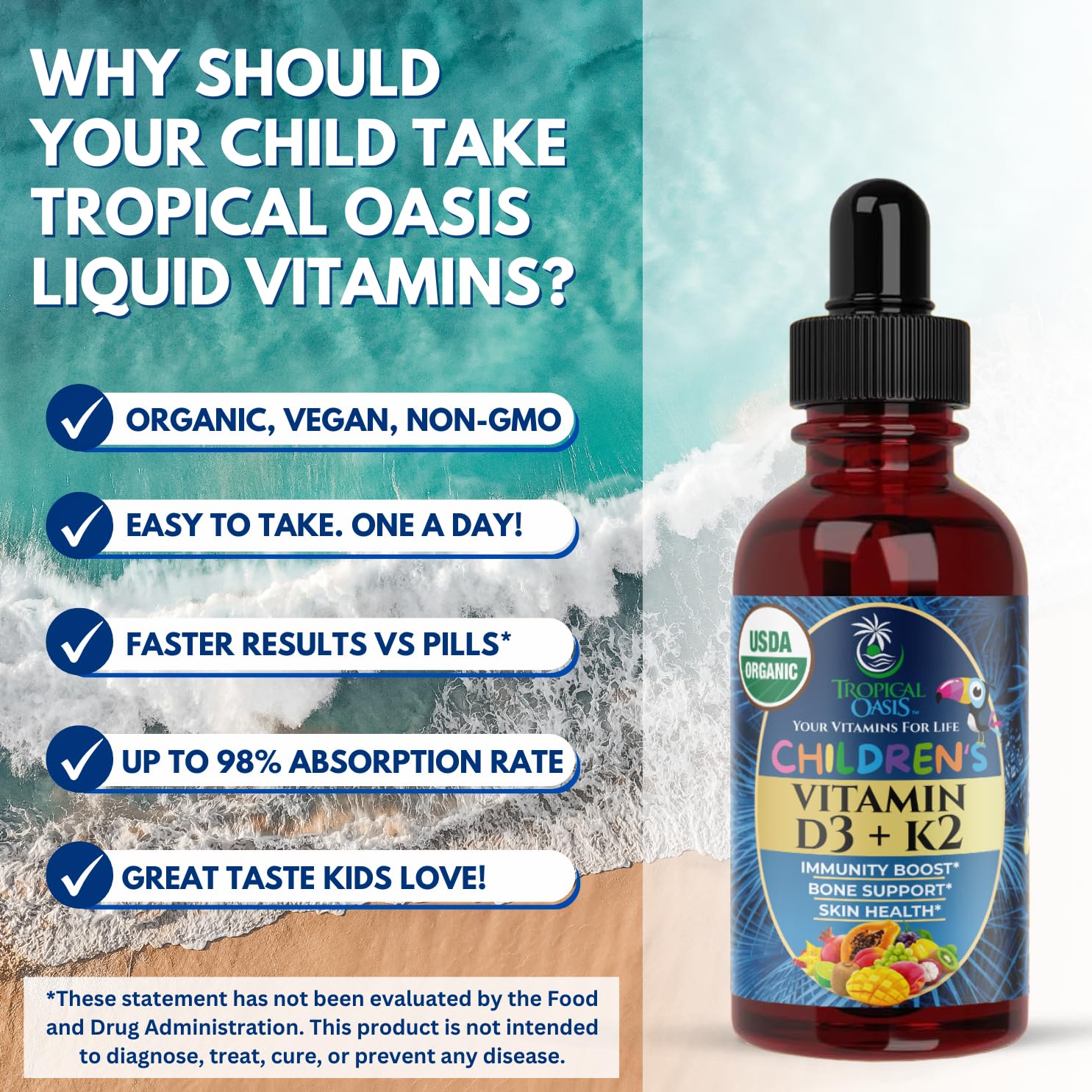 Tropical Oasis Organic Vitamin D3 K2 Drops with a child