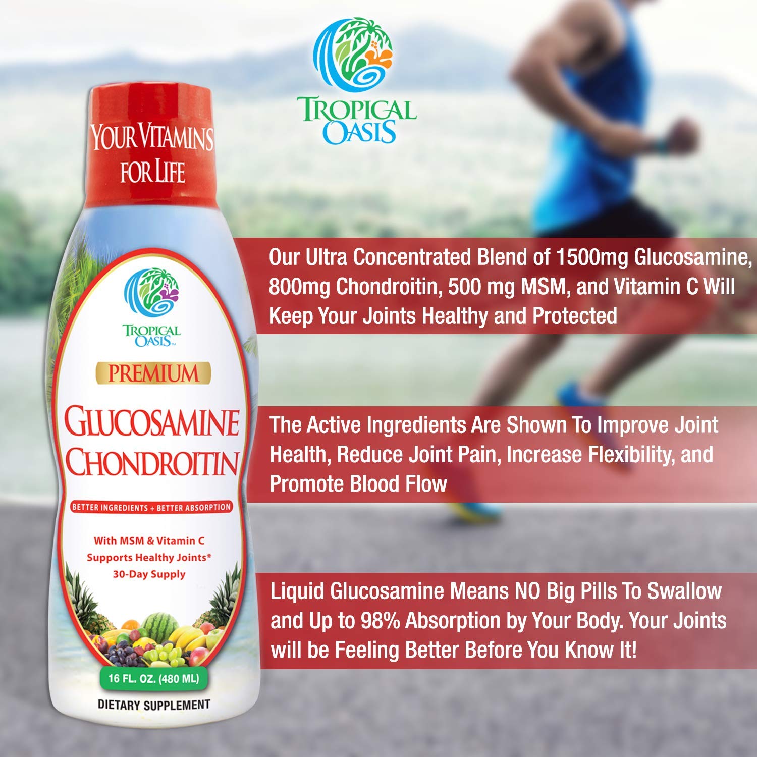 Tropical Oasis Premium Liquid Glucosamine Chondroitin 454g bottle with cap