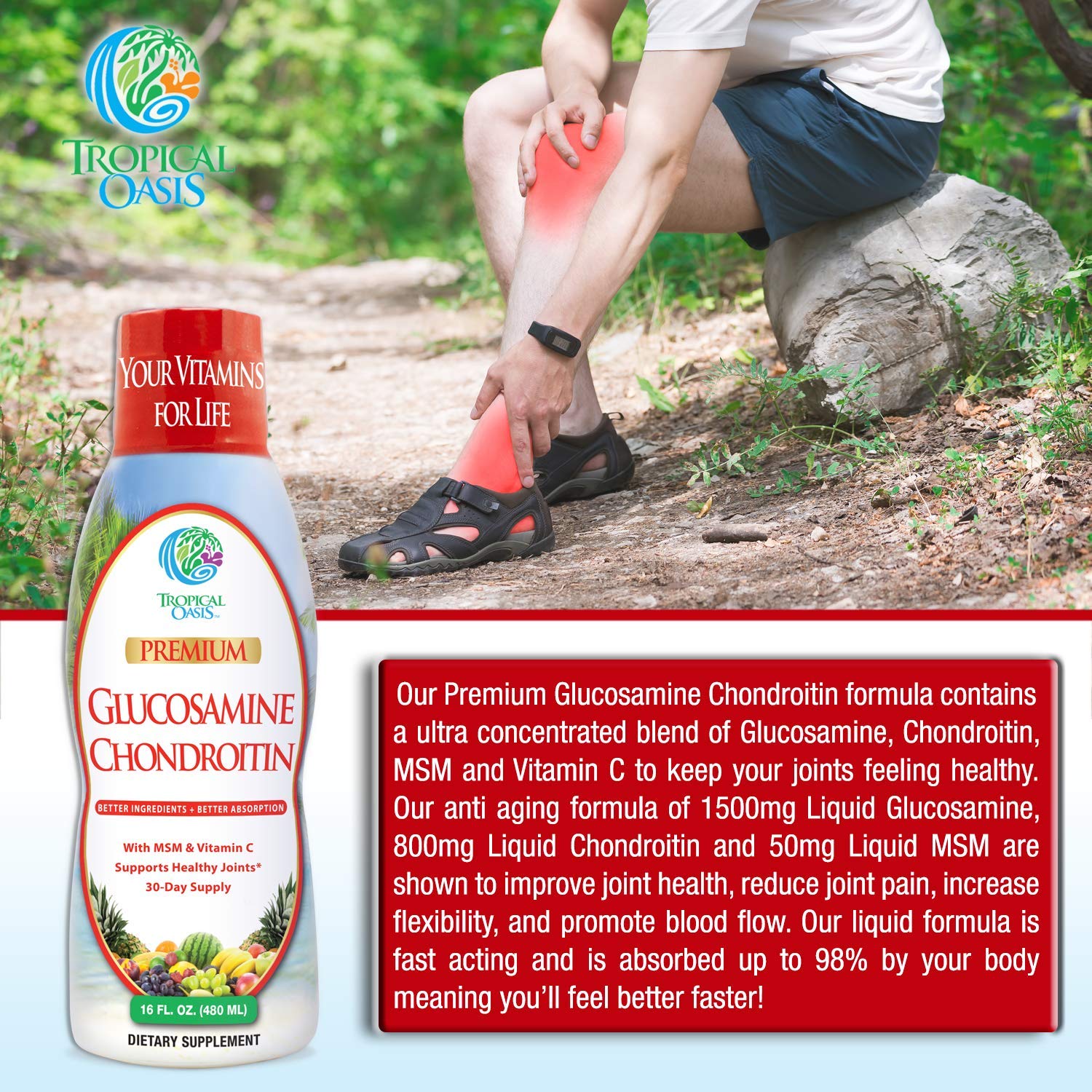 Tropical Oasis Premium Liquid Glucosamine Chondroitin 454g in lifestyle setting