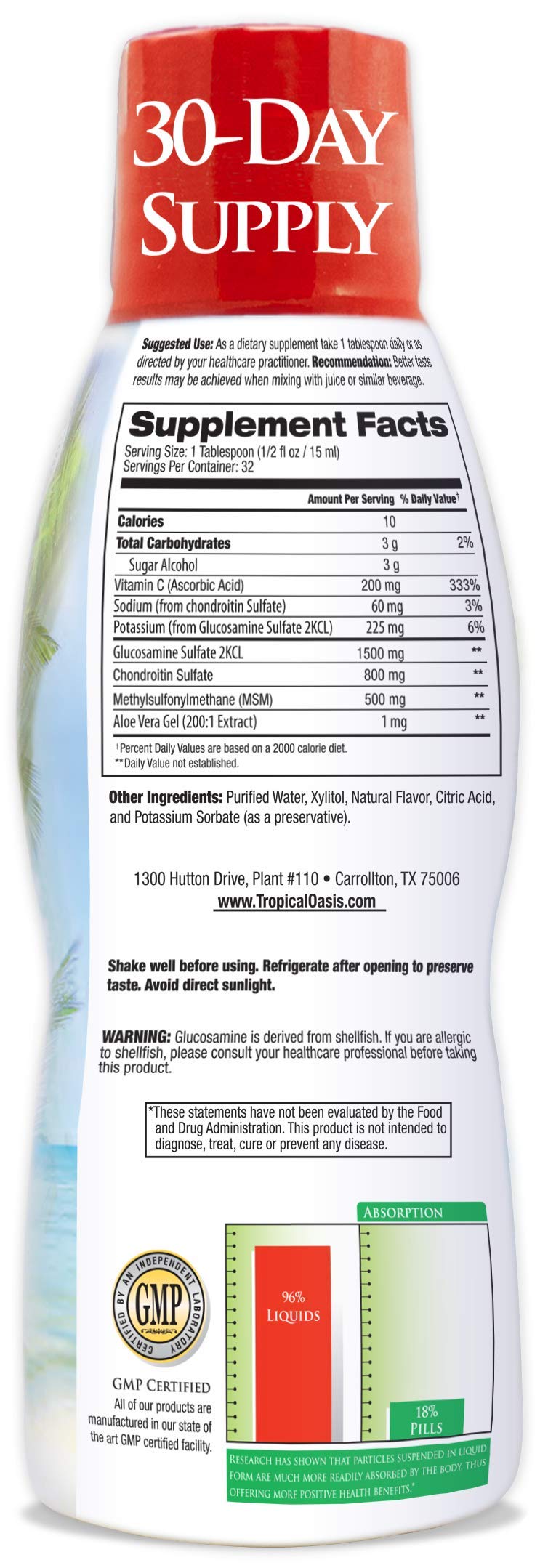 Tropical Oasis Premium Liquid Glucosamine Chondroitin 454g side view