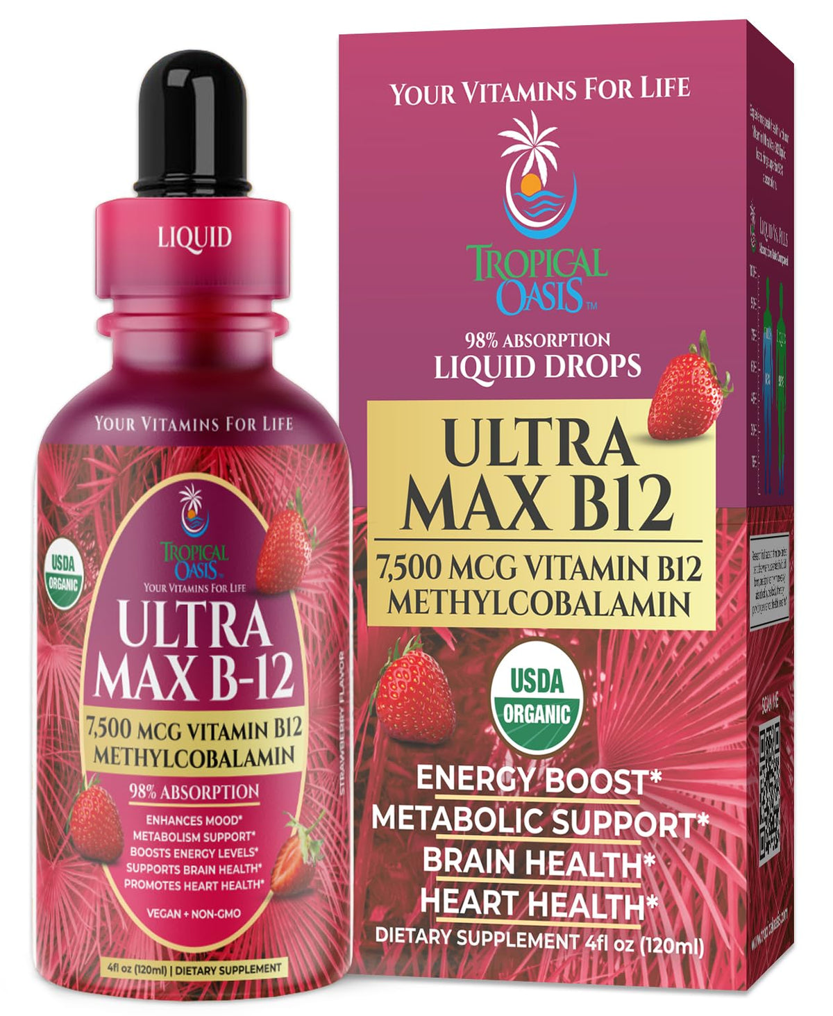 Tropical Oasis Ultra Max B12 Organic Drops front view with bottle and label