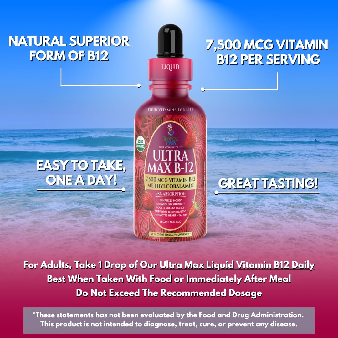 Tropical Oasis Ultra Max B12 Organic Drops with dosage information