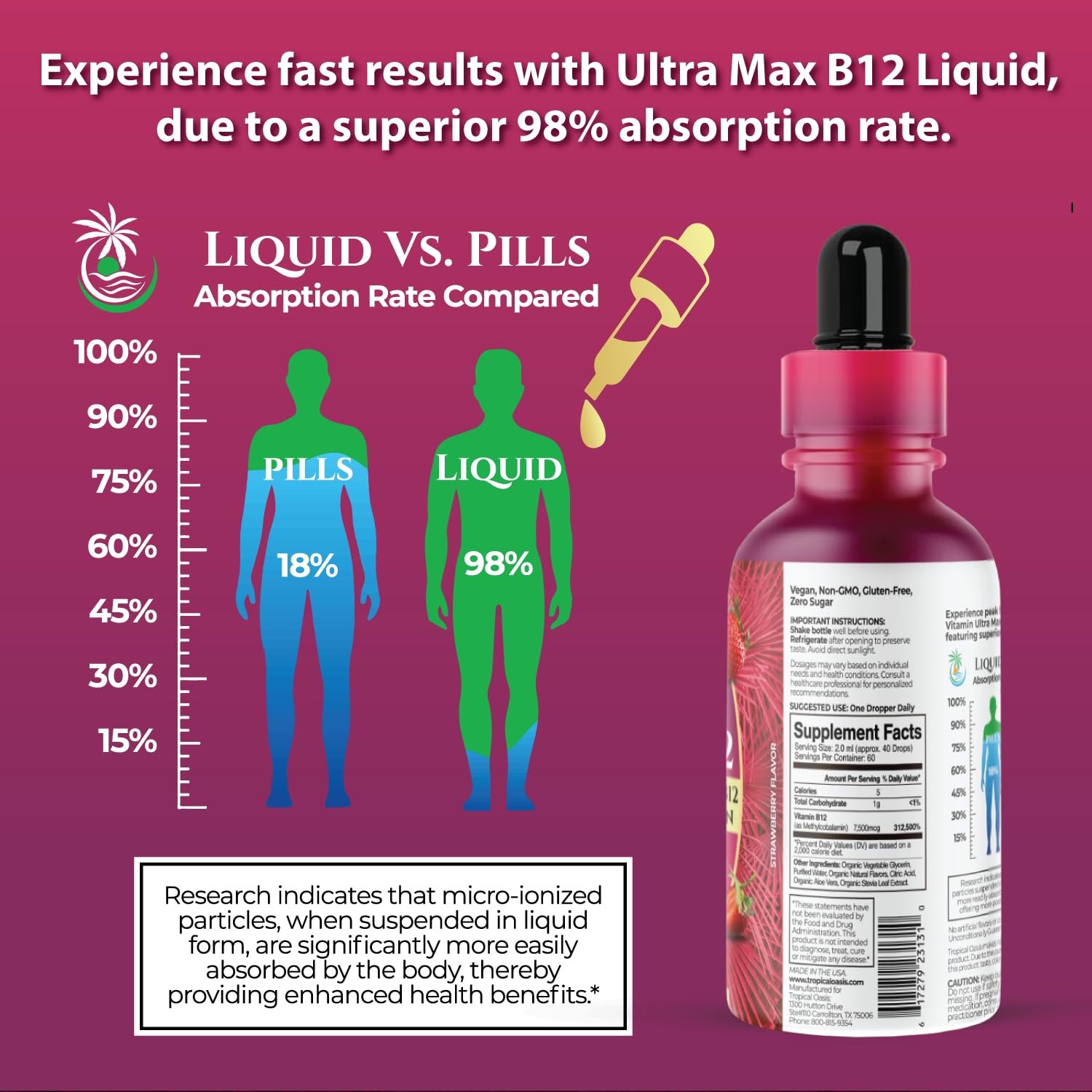 Tropical Oasis Ultra Max B12 Organic Drops with strawberry flavour description