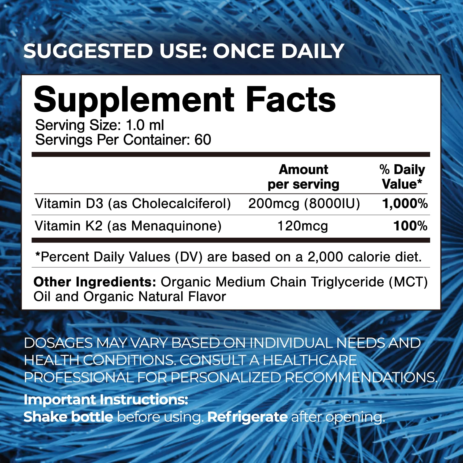 Tropical Oasis Vitamin D3 K2 Liquid Drops 8000 IU bottle with dropper