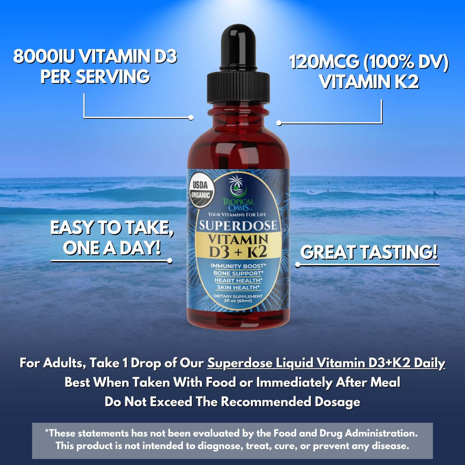 Tropical Oasis Vitamin D3 K2 Liquid Drops 8000 IU label close-up