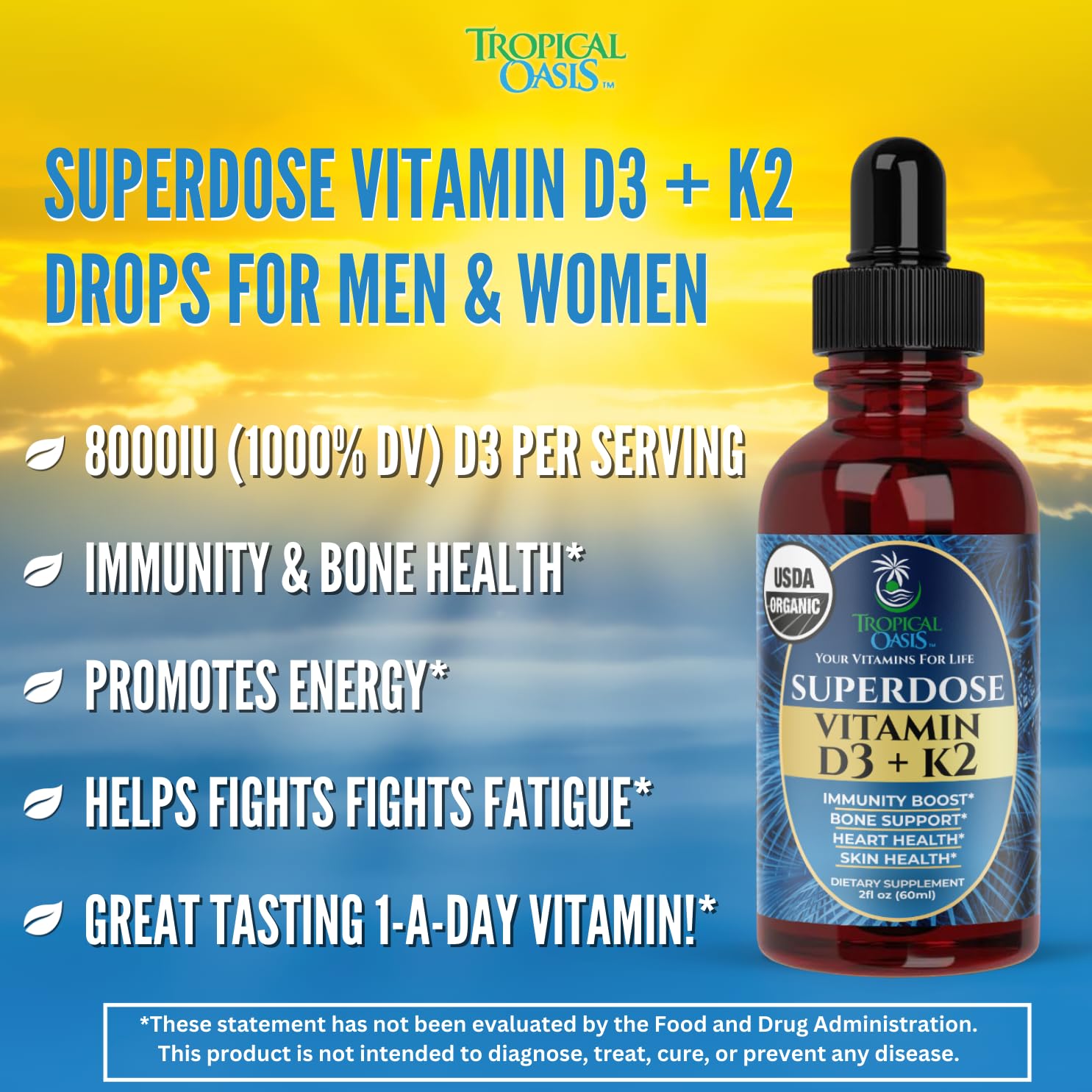 Tropical Oasis Vitamin D3 K2 Liquid Drops 8000 IU side view