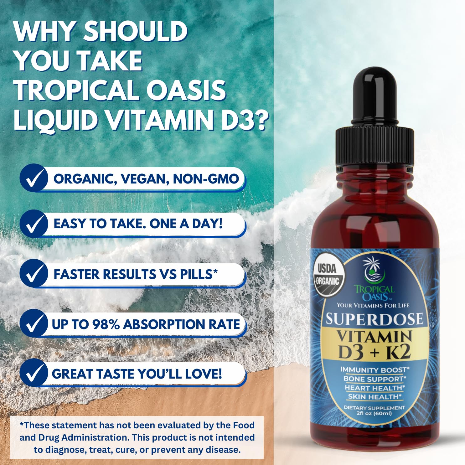 Tropical Oasis Vitamin D3 K2 Liquid Drops 8000 IU with measuring dropper
