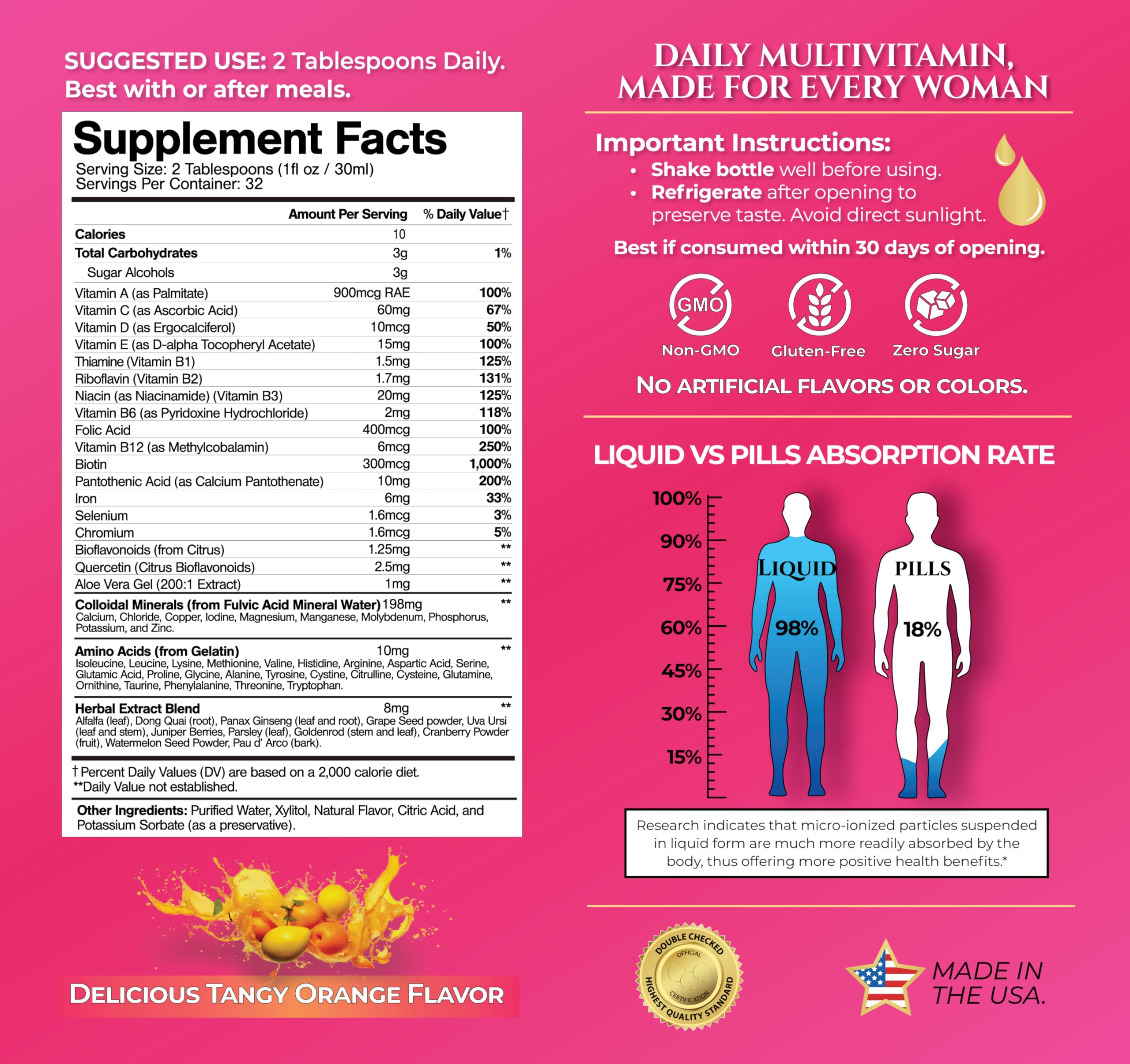 Tropical Oasis Women's Premium Liquid Multivitamin bottle side view