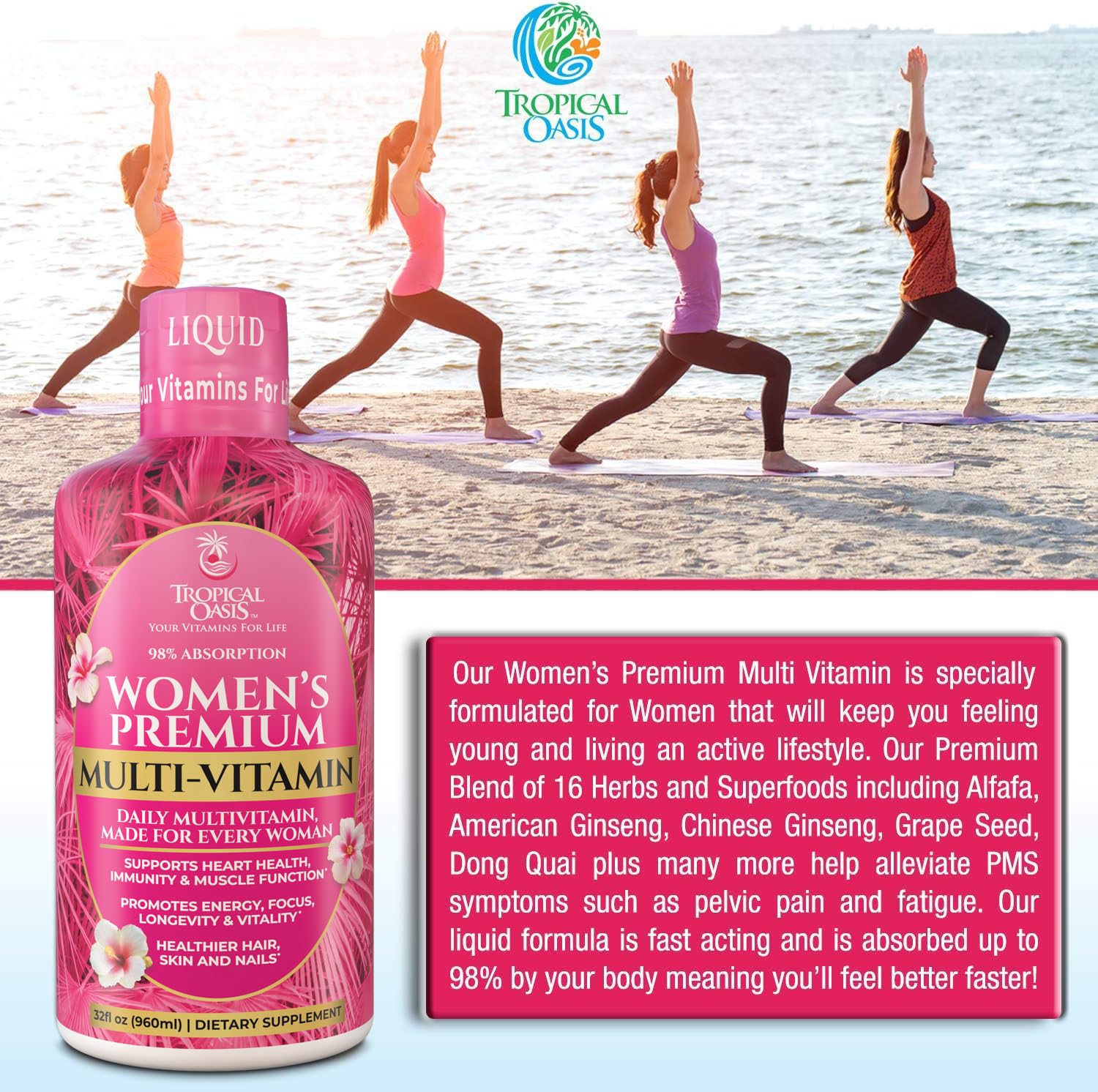 Tropical Oasis Women's Premium Liquid Multivitamin label close-up