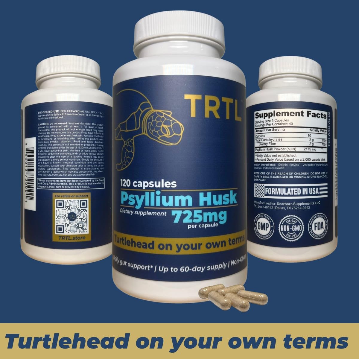 TRTL Supplements Psyllium Husk Capsules bottle with dimensions