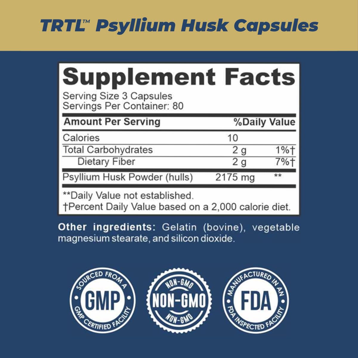 TRTL Supplements Psyllium Husk Fiber Capsules on a kitchen counter
