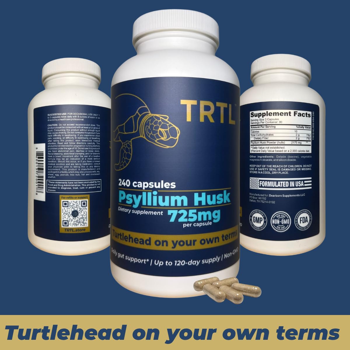 TRTL Supplements Psyllium Husk Fiber Capsules with a measuring spoon