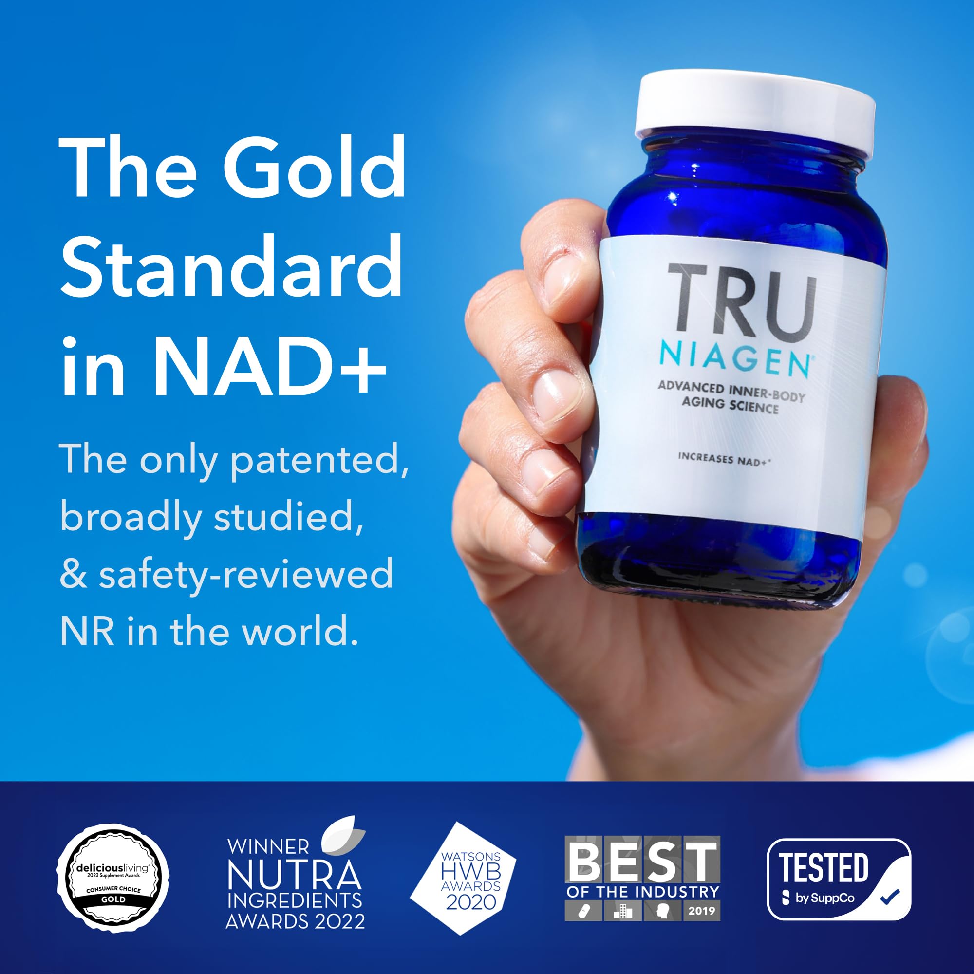 TRU NIAGEN NAD+ Supplement capsules in hand