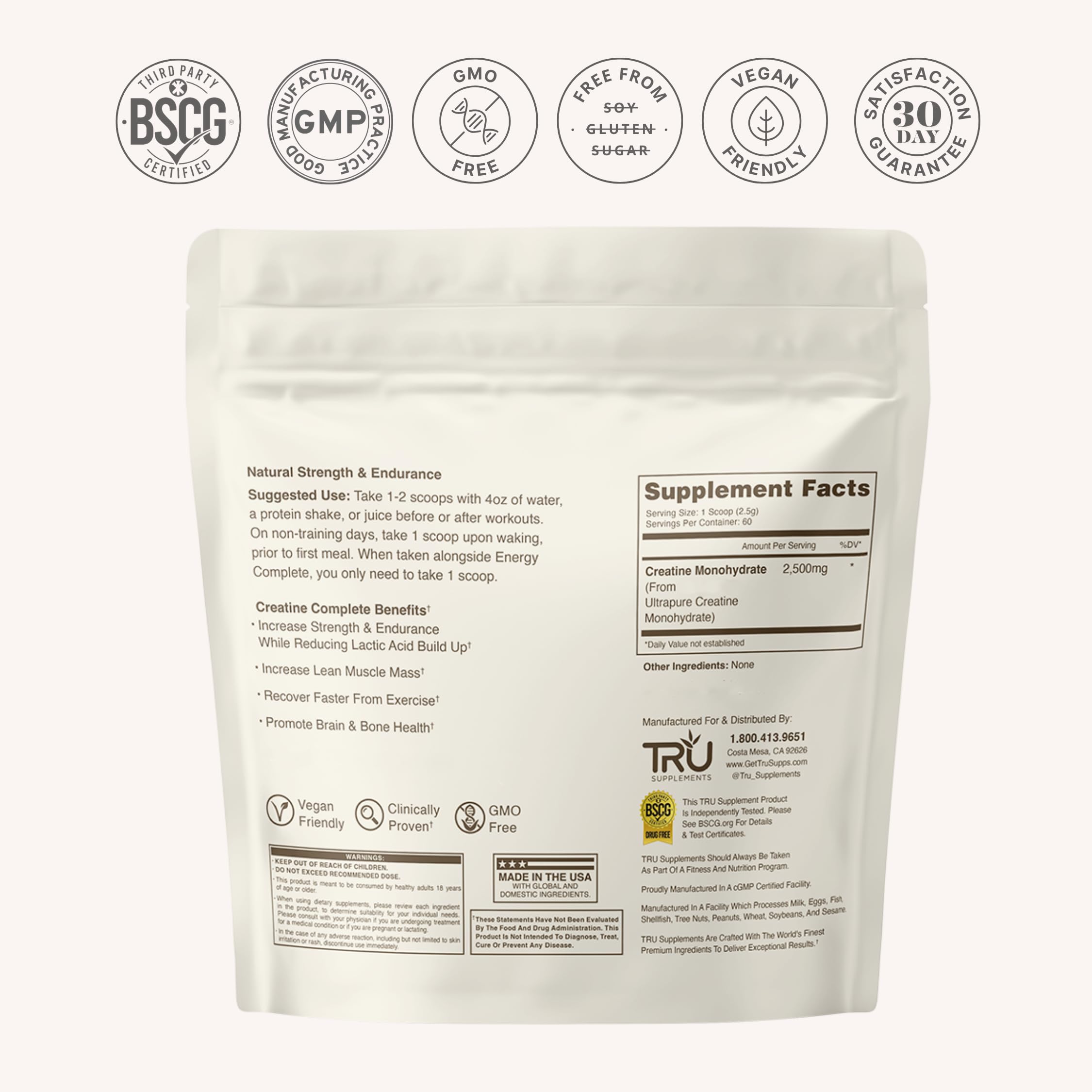TRU Supplements Creatine Monohydrate Powder with shaker bottle