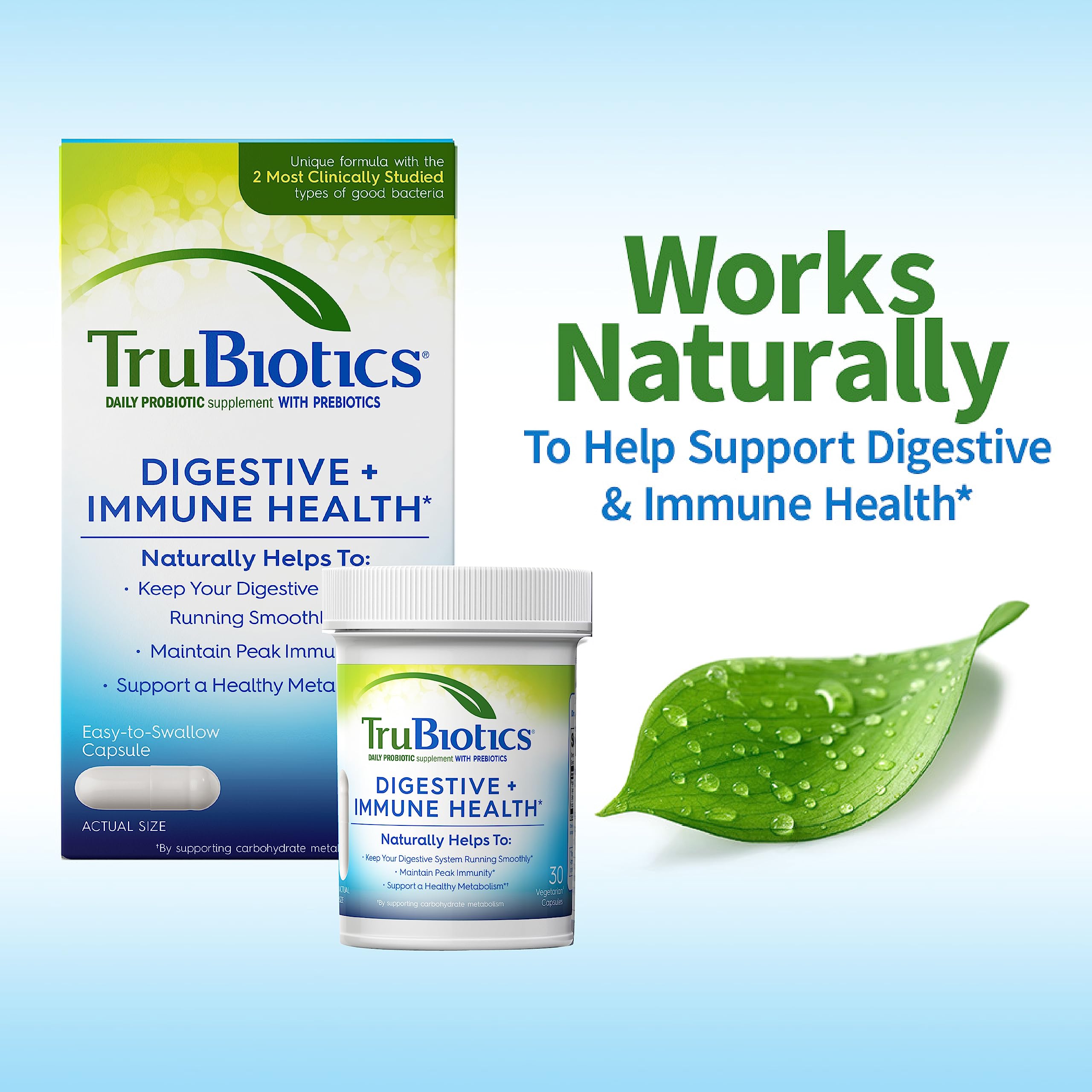 TruBiotics capsules on a wooden table