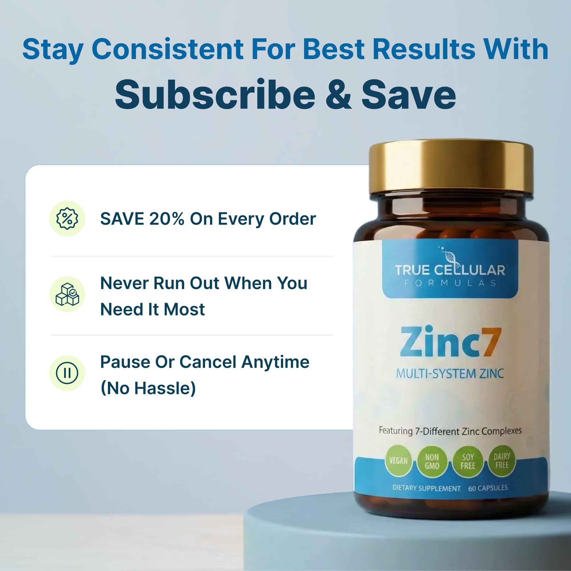 True Cellular Formulas Zinc7 Supplement bottle on table