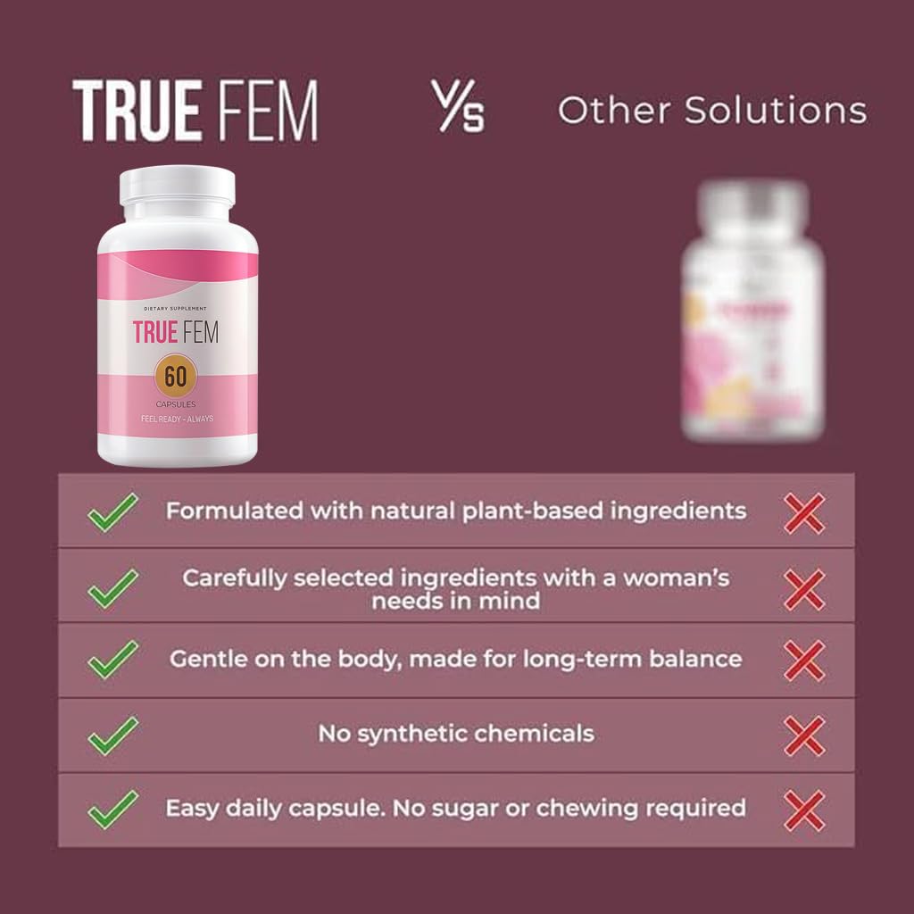 TRUE FEM Blended Vitamin Capsules on a wooden table