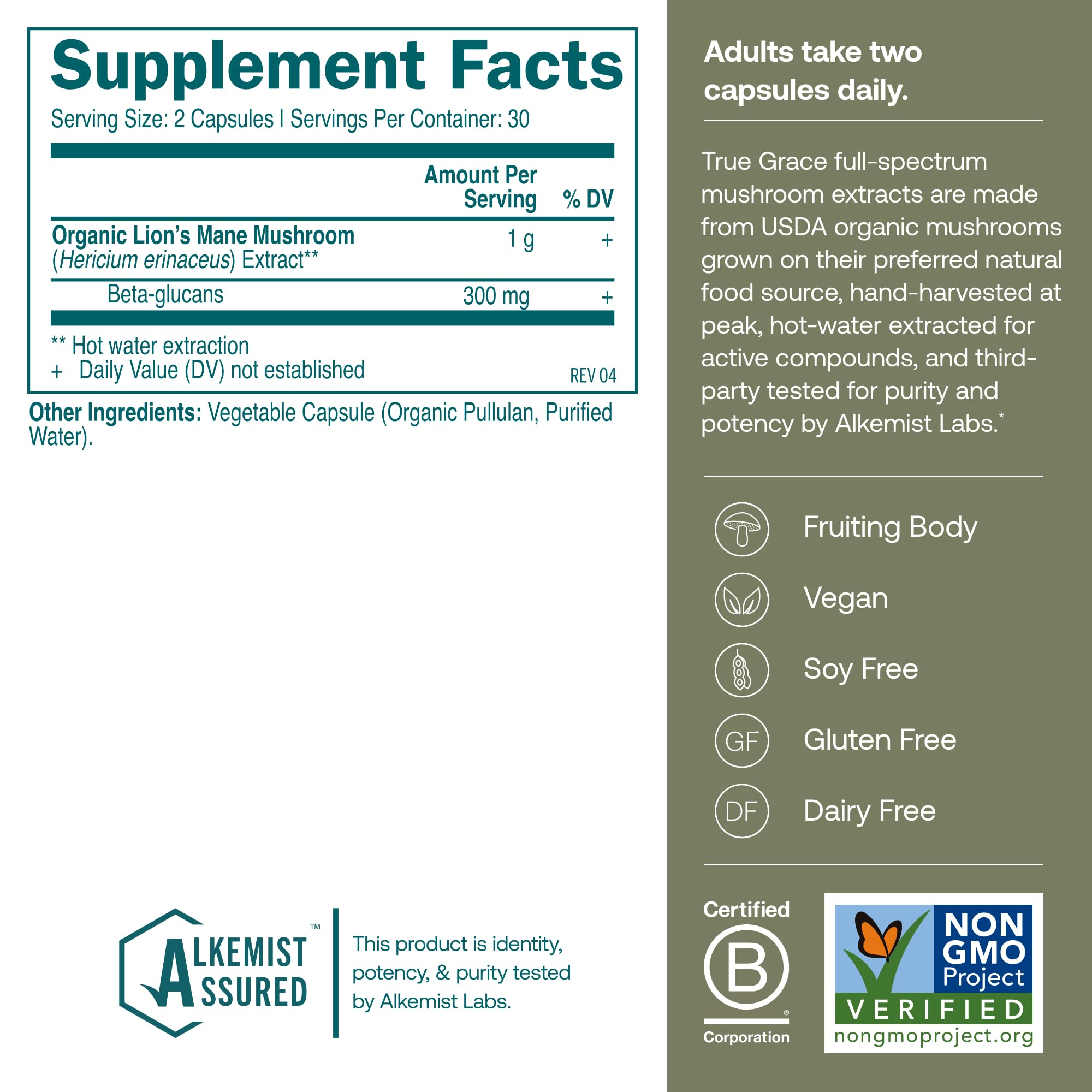 True Grace Lion's Mane Mushroom Supplement bottle side view