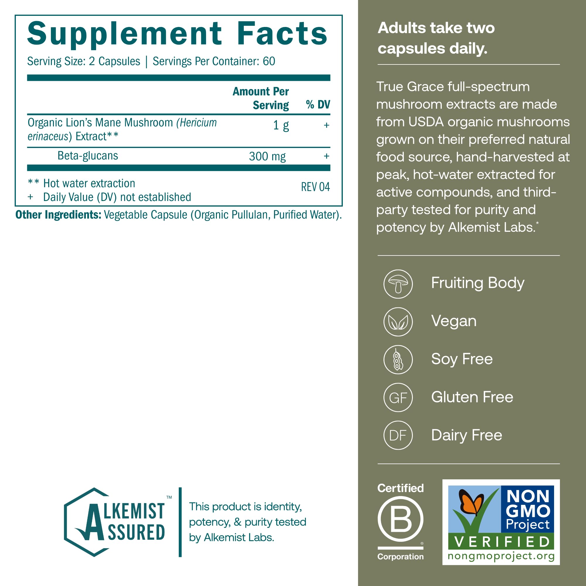 True Grace Lion’s Mane Mushroom Supplement bottle with label