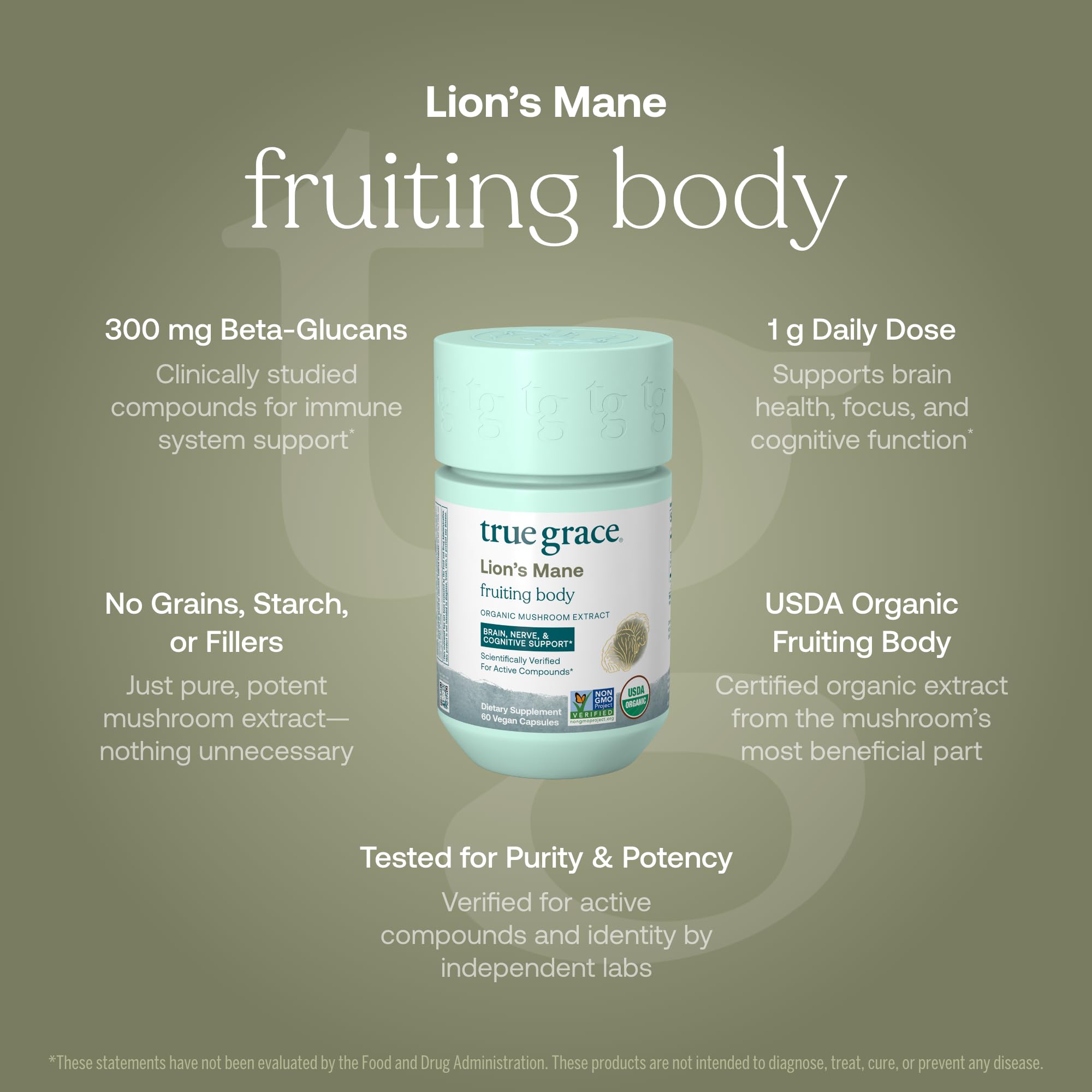 True Grace Lion's Mane Mushroom Supplement capsules close-up