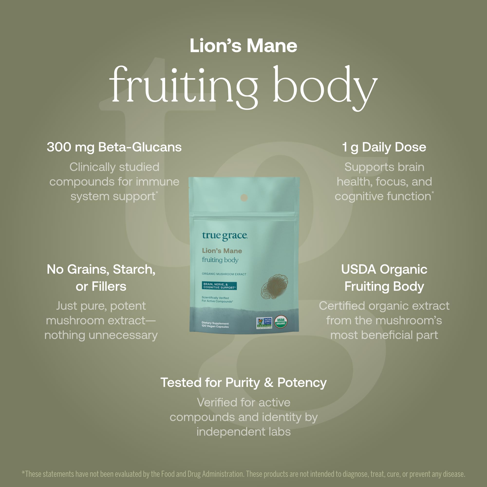 True Grace Lion’s Mane Mushroom Supplement side view