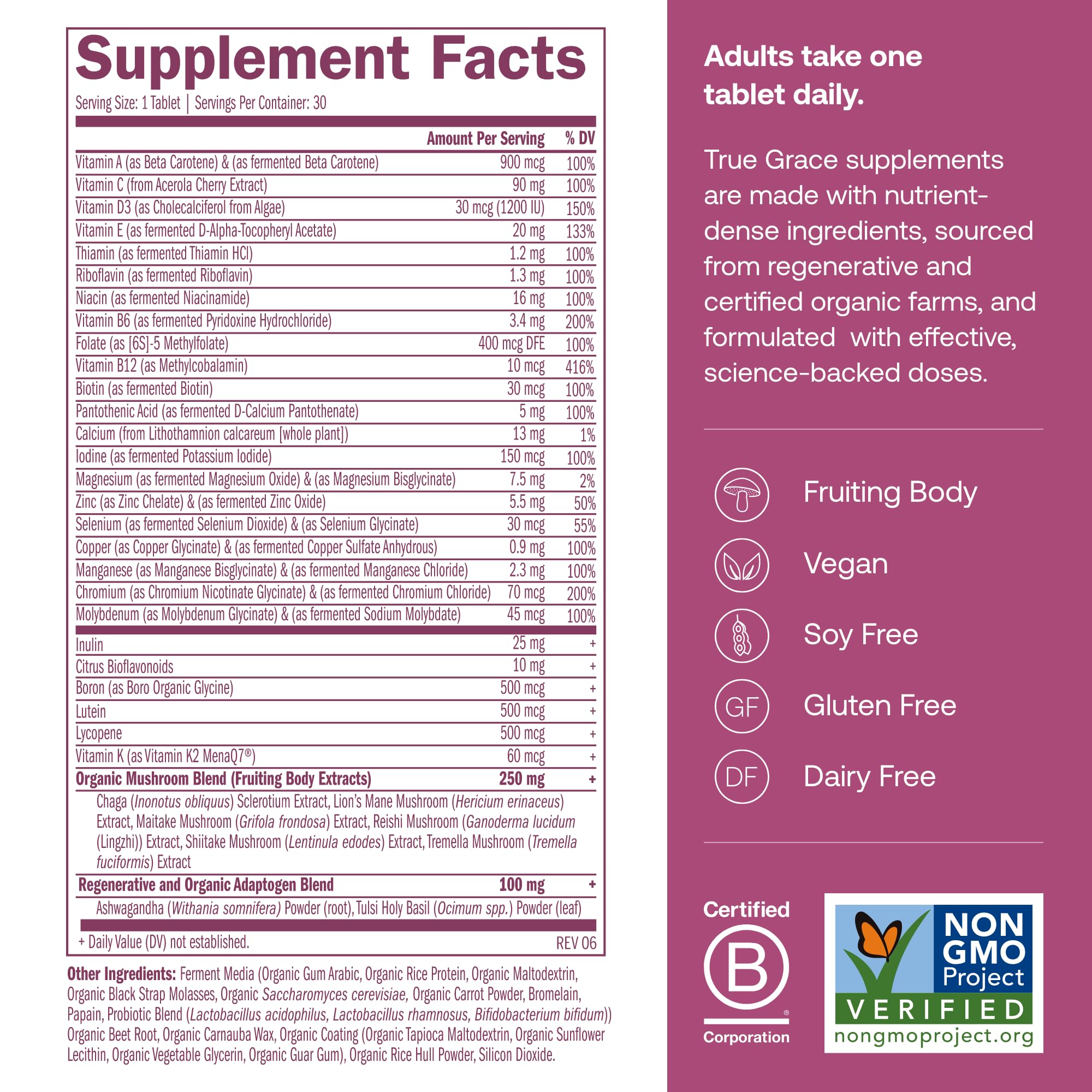 True Grace Multivitamin bottle with organic mushroom blend